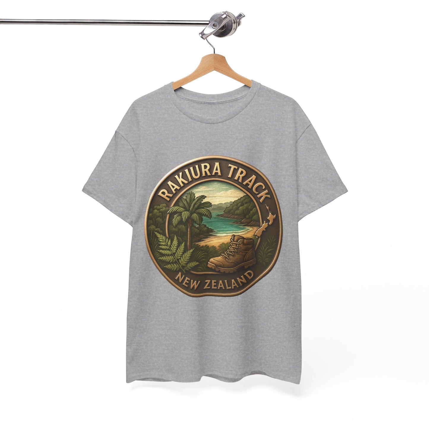 Gray t-shirt with 'Rakiura Track, New Zealand' graphic on a hanger against a white background