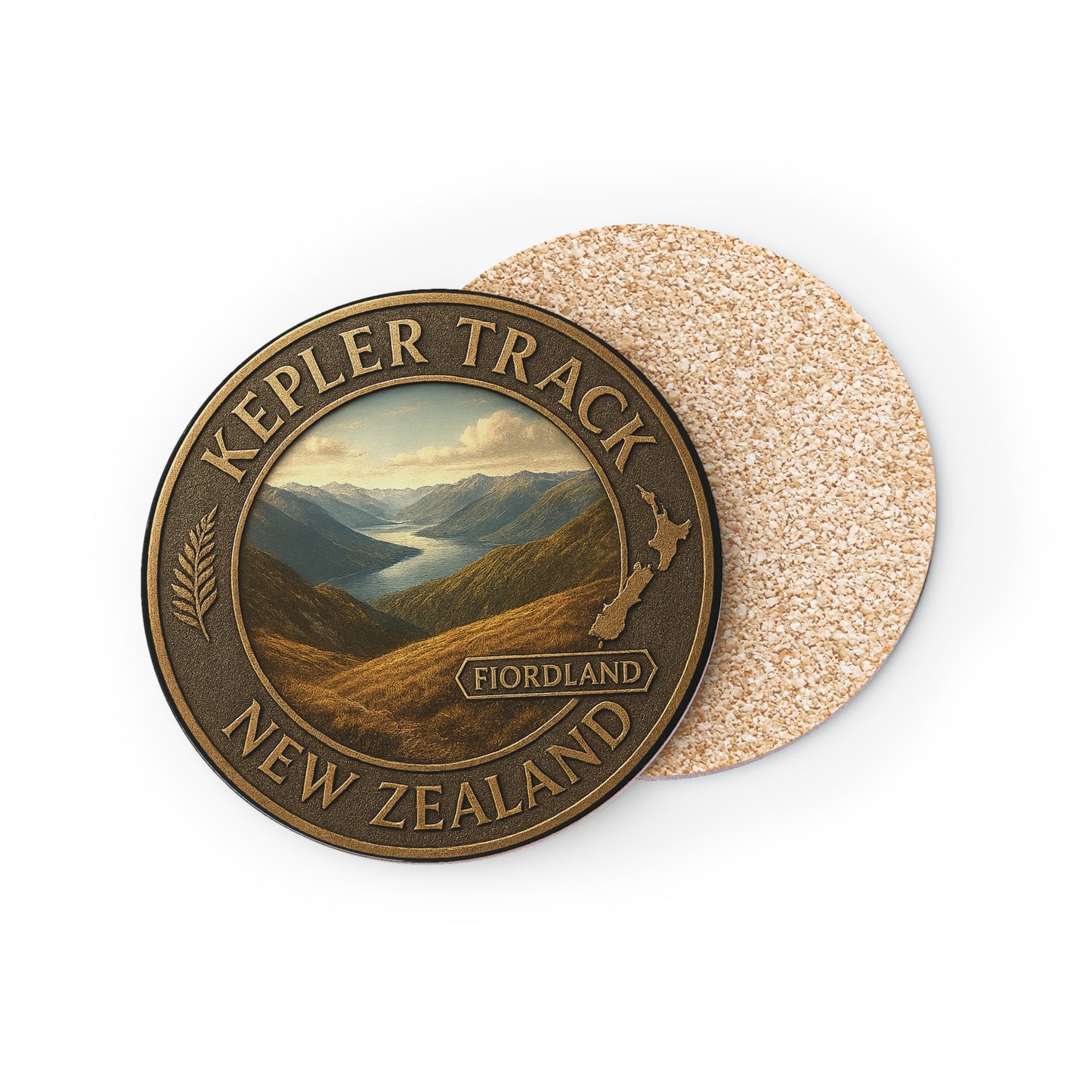 Coaster set with 'Kepler Track, New Zealand' design on a white background