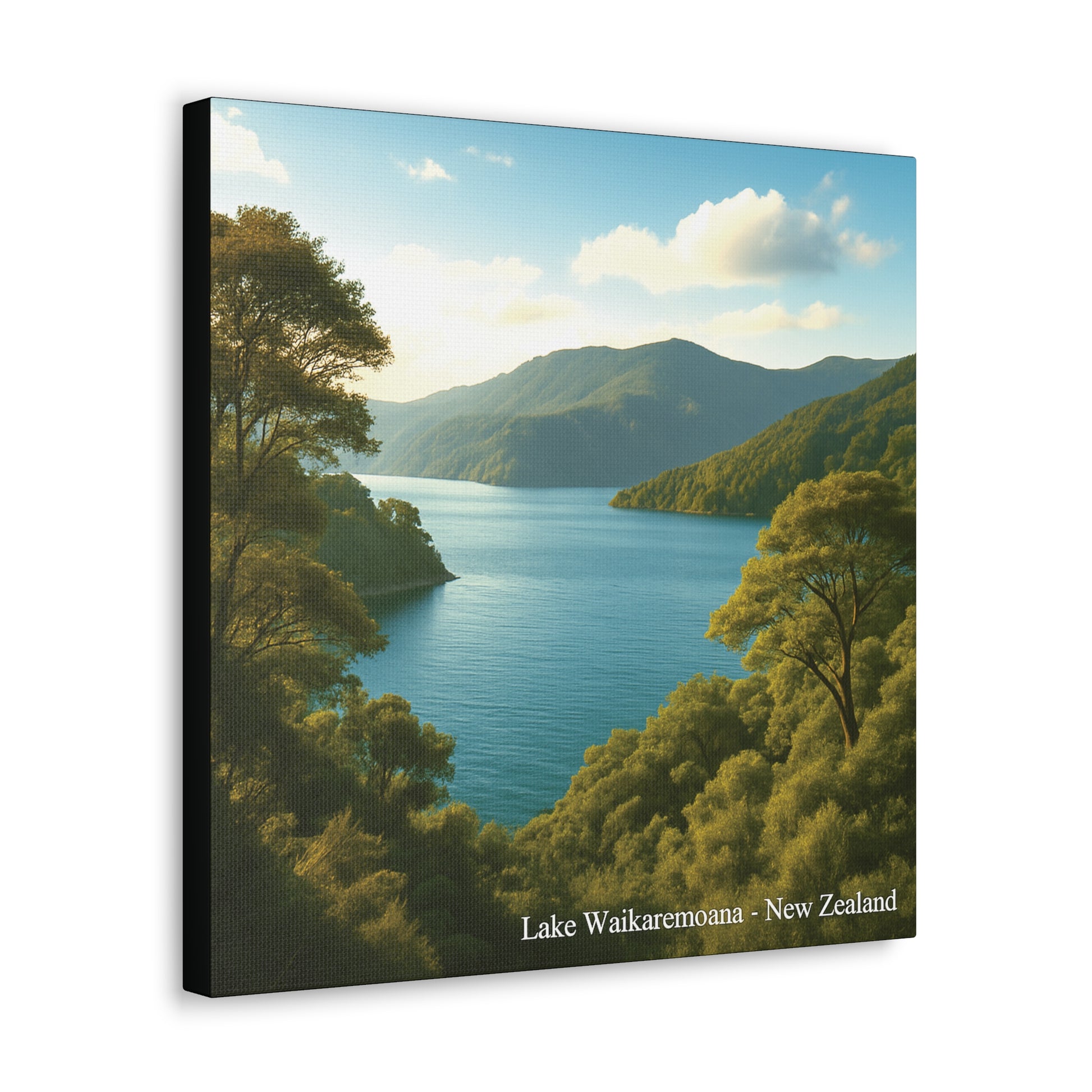 Canvas print of Lake Waikaremoana with trees and mountains in New Zealand