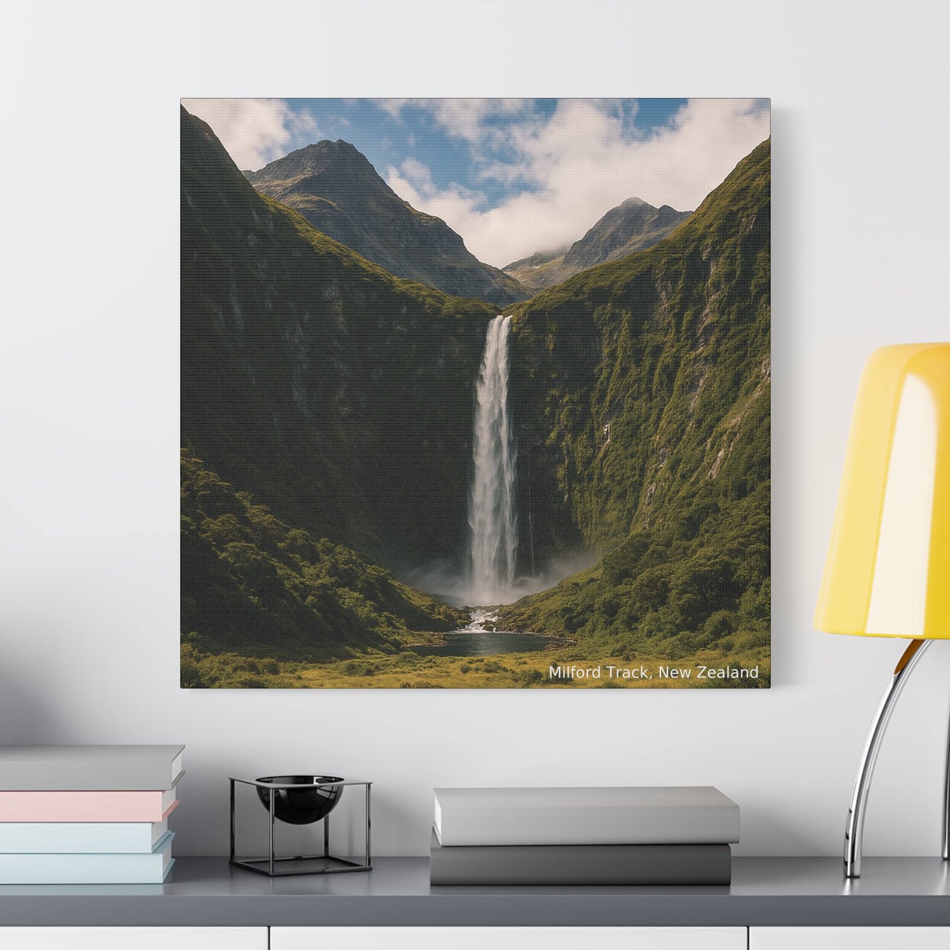 Canvas print of a waterfall in a mountainous landscape on a wall above a shelf.