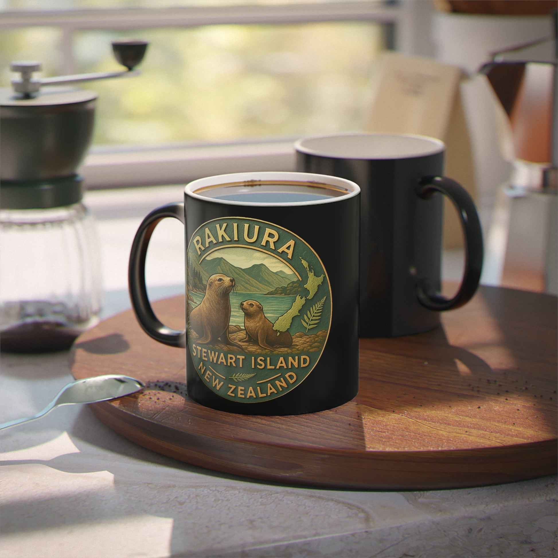 Black mug with Rakiura Stewart Island New Zealand design on a wooden tray.