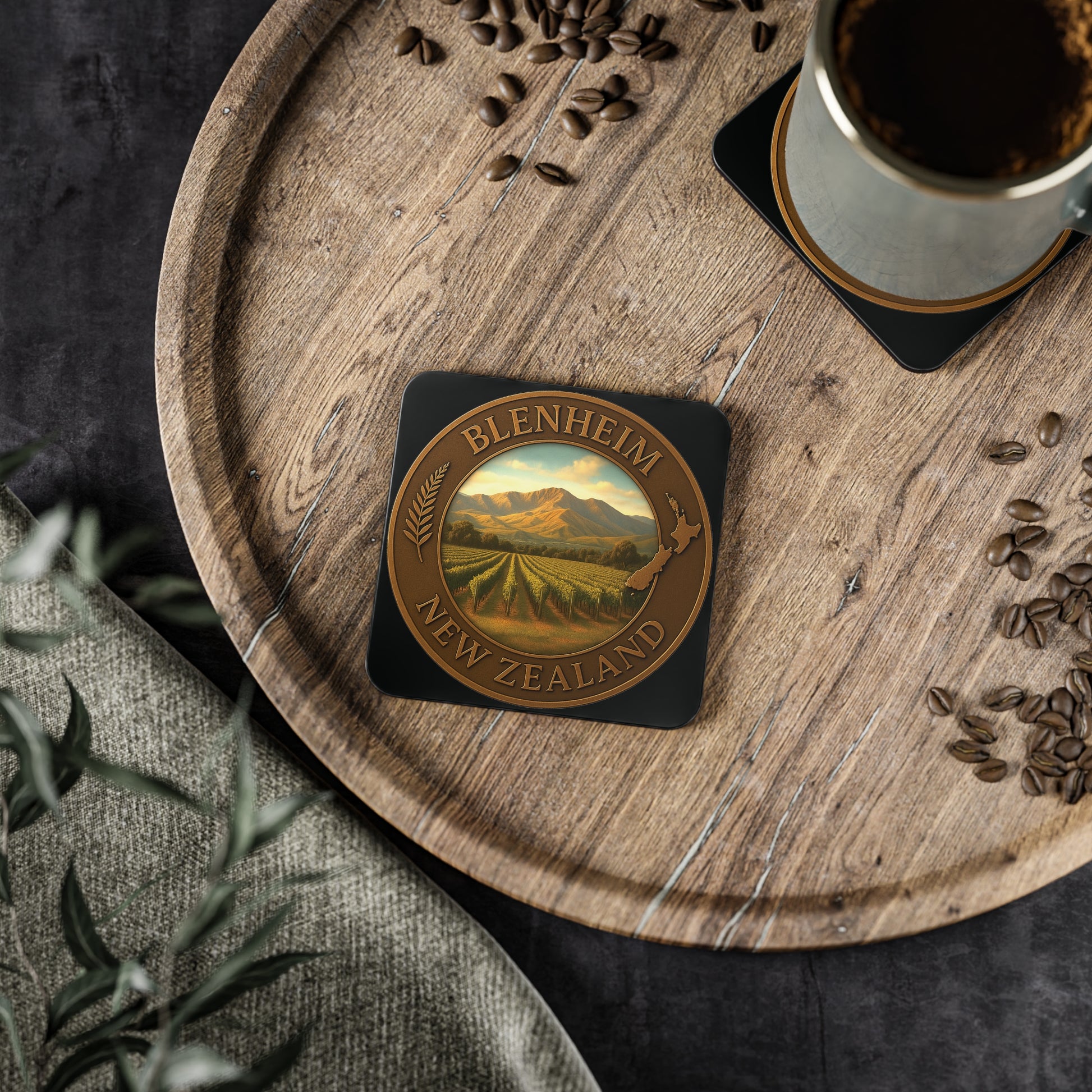 Coaster with Blenheim, New Zealand design on a wooden tray with coffee and coffee beans.