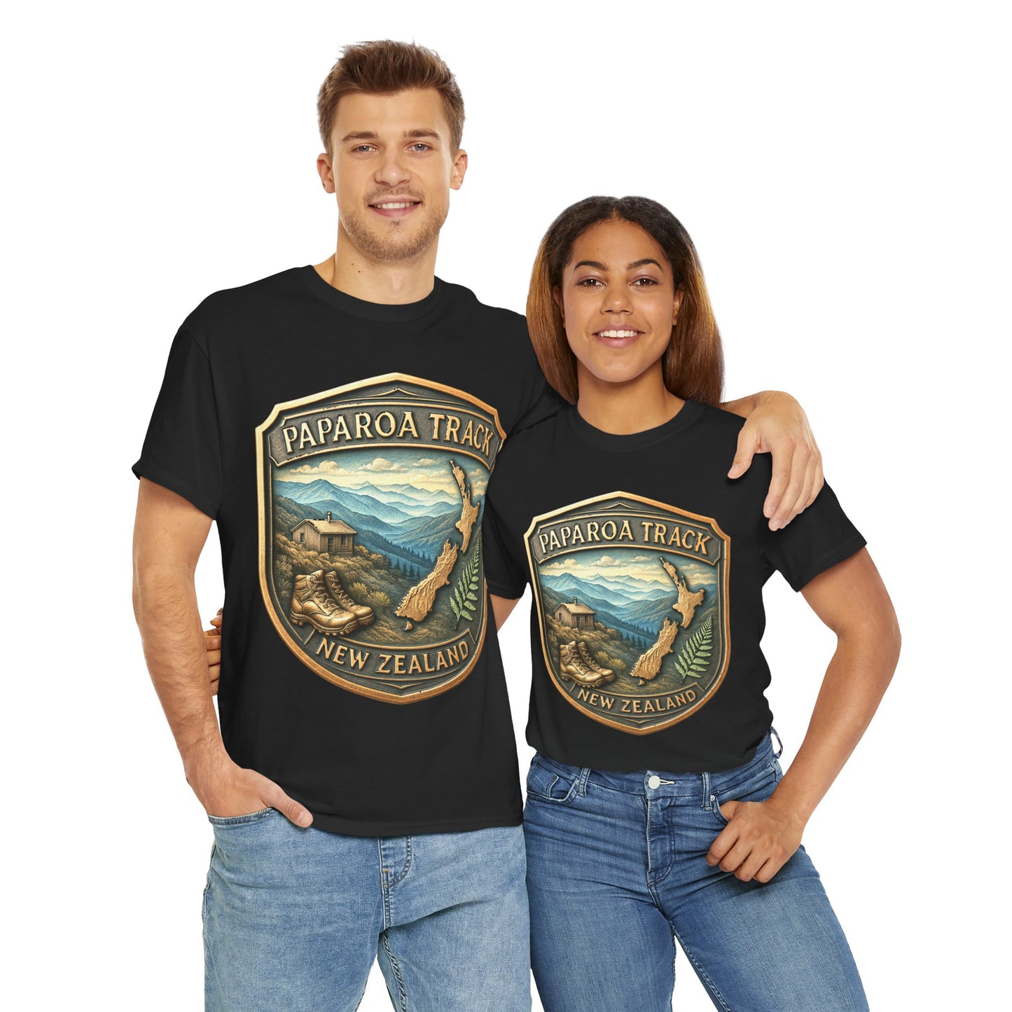 Two people wearing black t-shirts with Paparoa Track New Zealand design