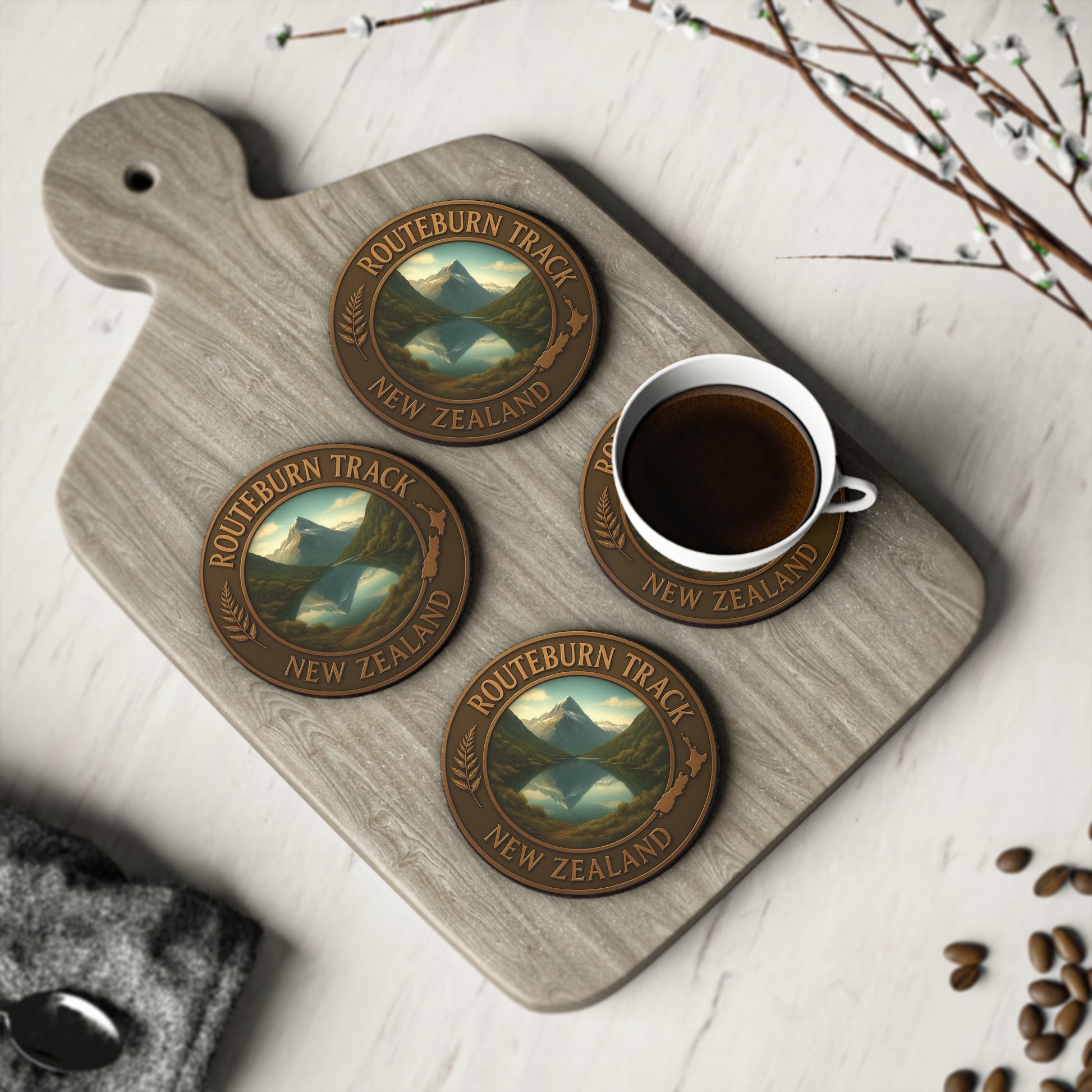 Coasters with 'Routeburn Track New Zealand' design on a wooden board with a cup of coffee.