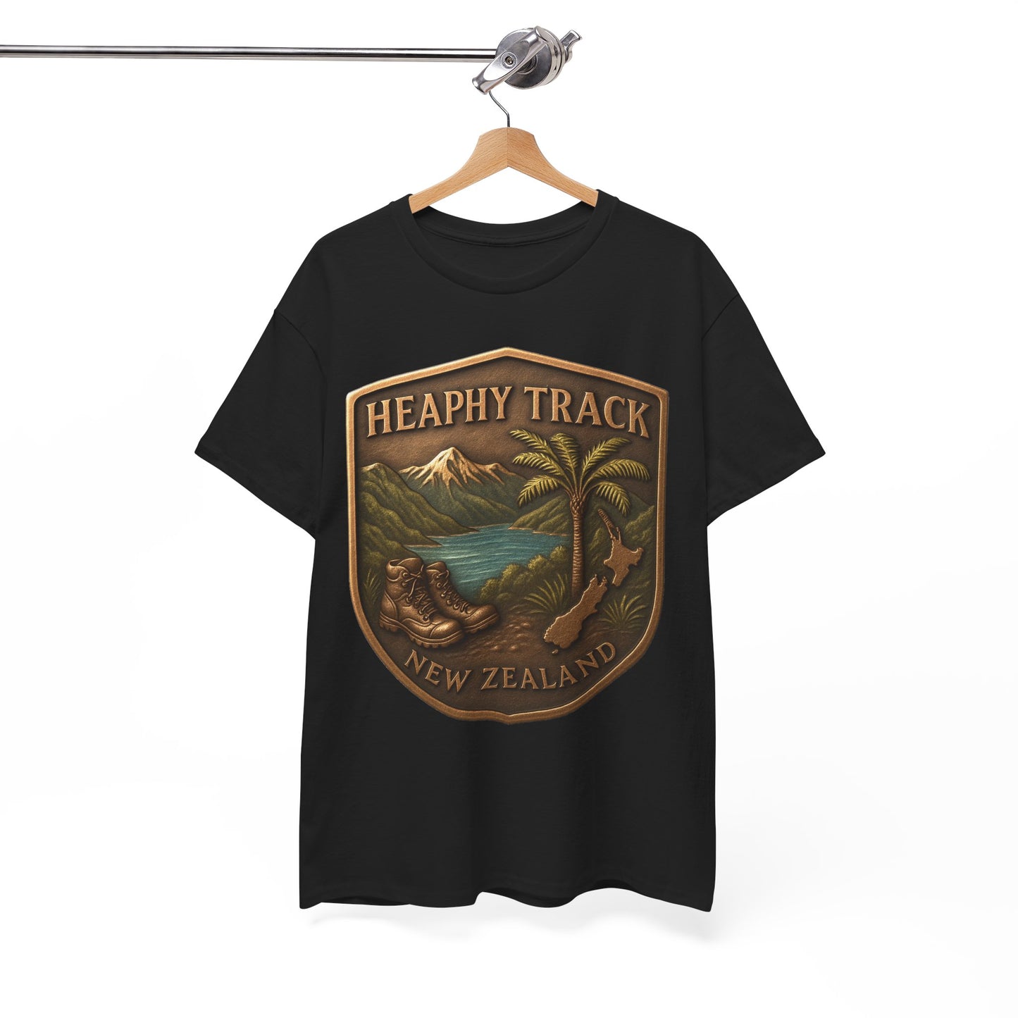 Black t-shirt with 'Heaphy Track New Zealand' graphic on a hanger against a white background