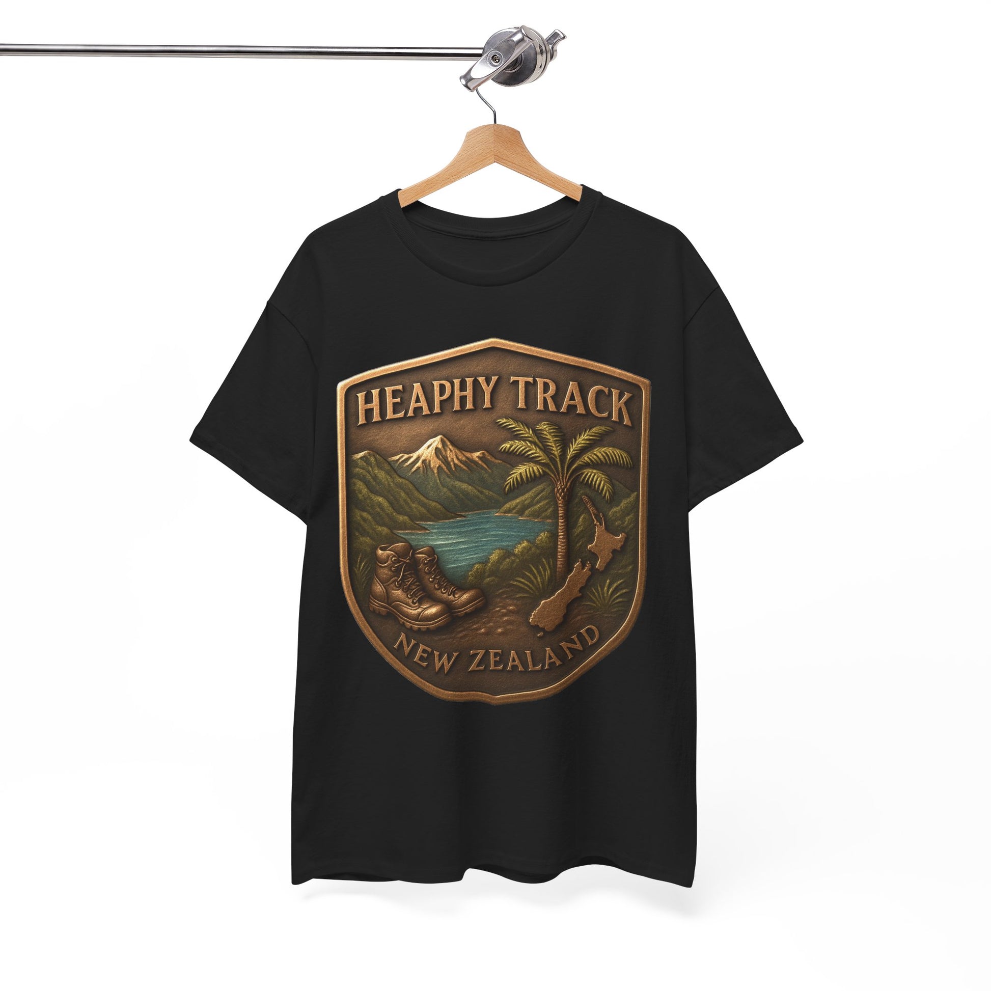 Black t-shirt with 'Heaphy Track New Zealand' graphic on a hanger against a white background