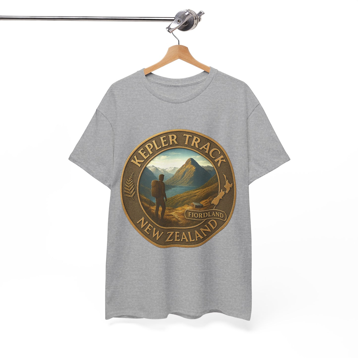 Gray t-shirt with 'Kepler Track, New Zealand' graphic on a hanger