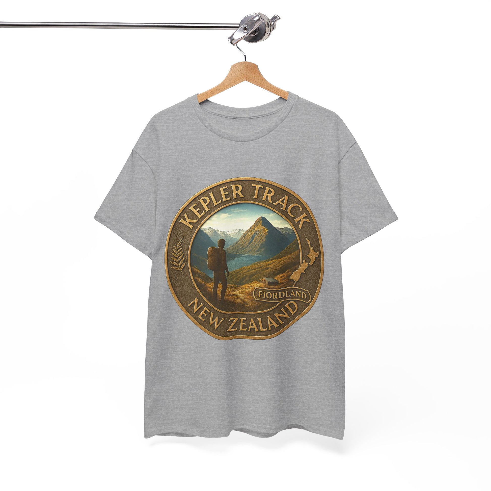 Gray t-shirt with 'Kepler Track, New Zealand' graphic on a hanger