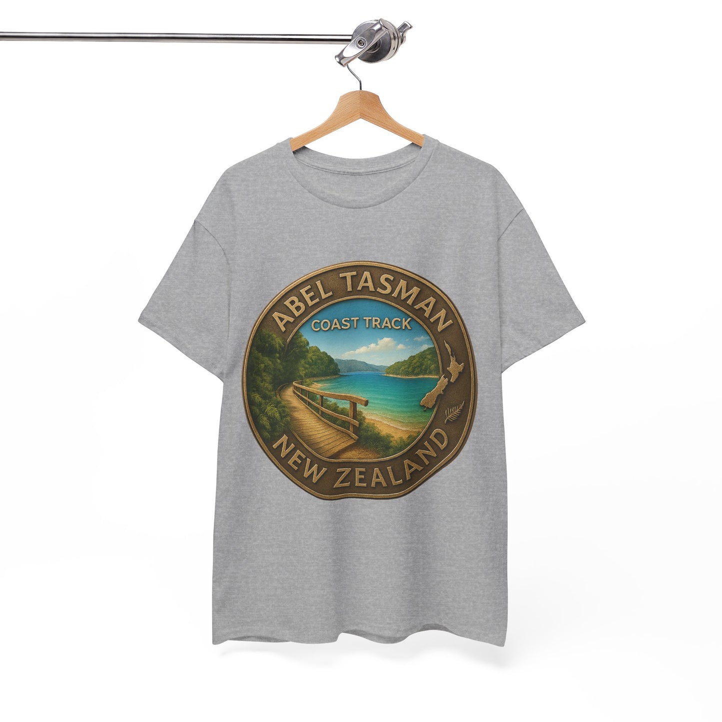 Gray t-shirt with Abel Tasman Coast Track New Zealand graphic on a hanger