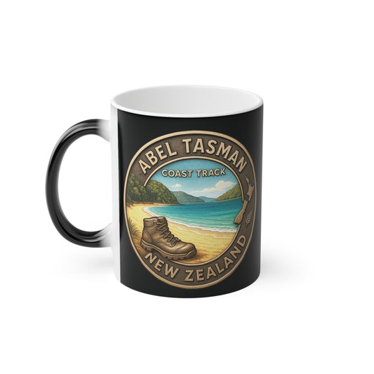 Black mug with Abel Tasman Coast Track New Zealand design on a white background