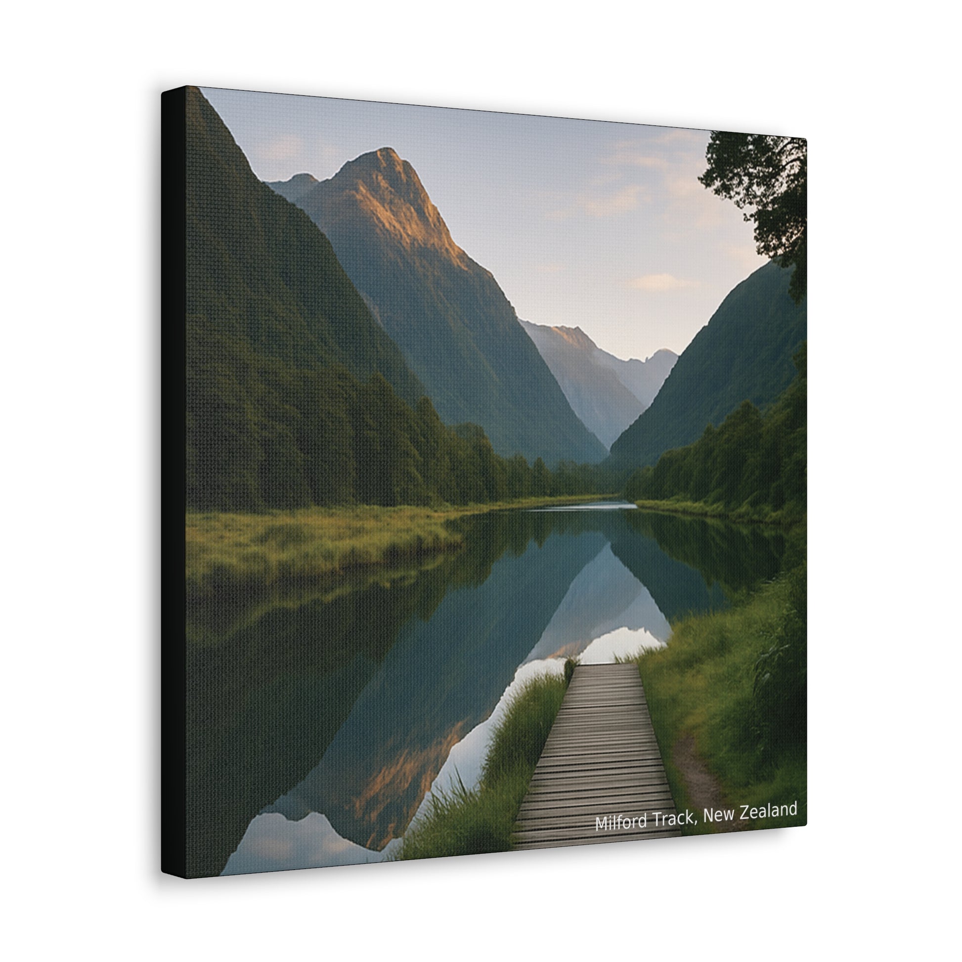 Canvas print of a scenic view with mountains, lake, and wooden path.