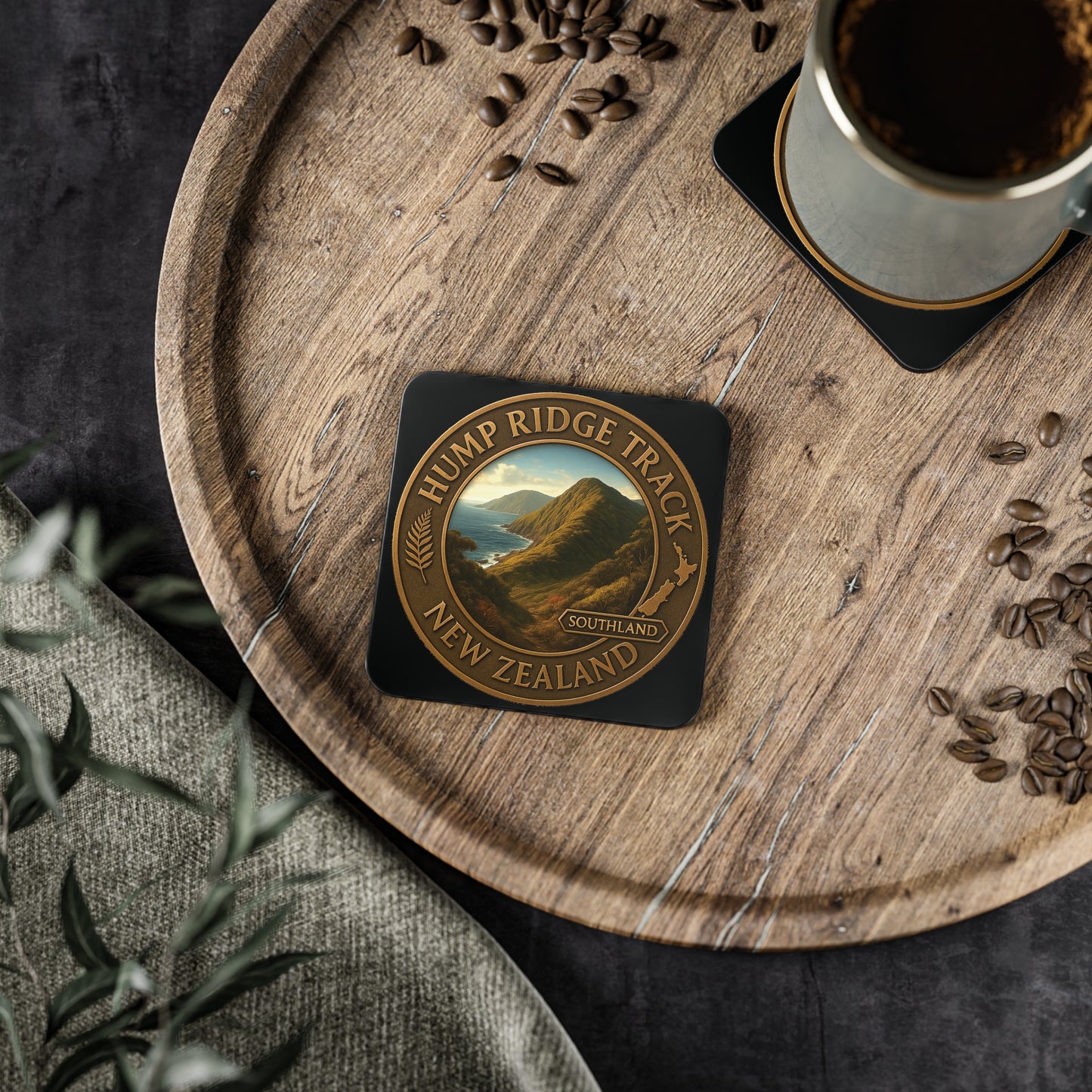 Coaster with Hump Ridge Track New Zealand design on a wooden tray with coffee and seeds.