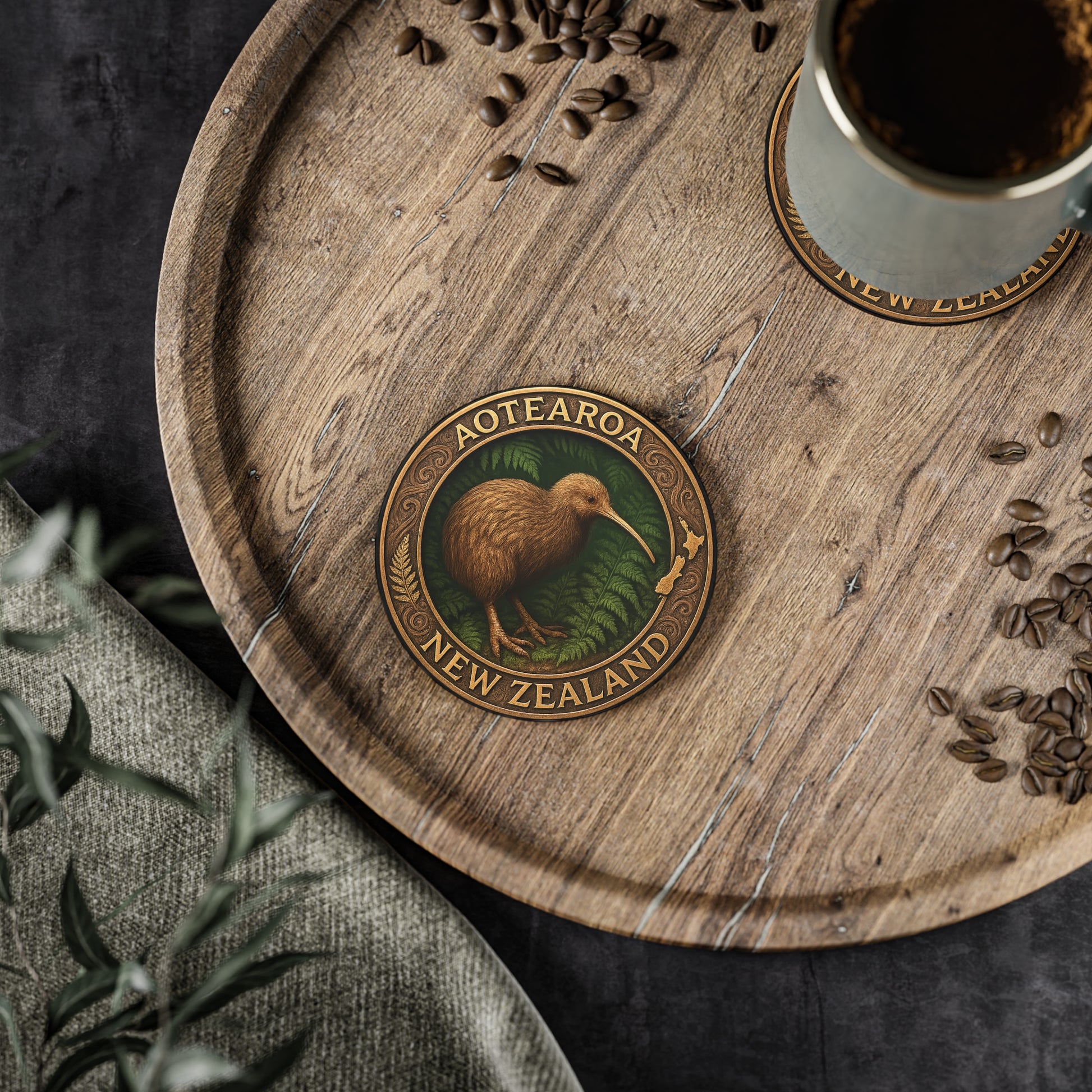 Wooden tray with Aotearoa New Zealand emblem, cup of coffee, and scattered seeds.