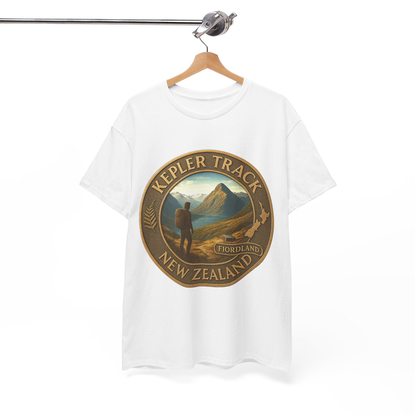 White t-shirt with a 'Kepler Track, New Zealand' graphic on a hanger against a white background
