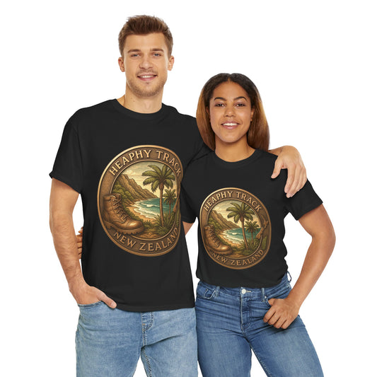 Two people wearing black Heaphy Track t-shirts with a scenic logo and text on a white background