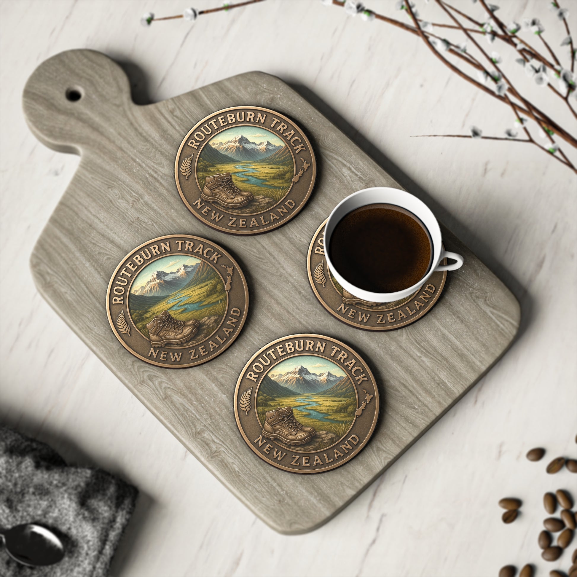 Wooden cutting board with Routeburn Track New Zealand coasters and a cup of coffee.