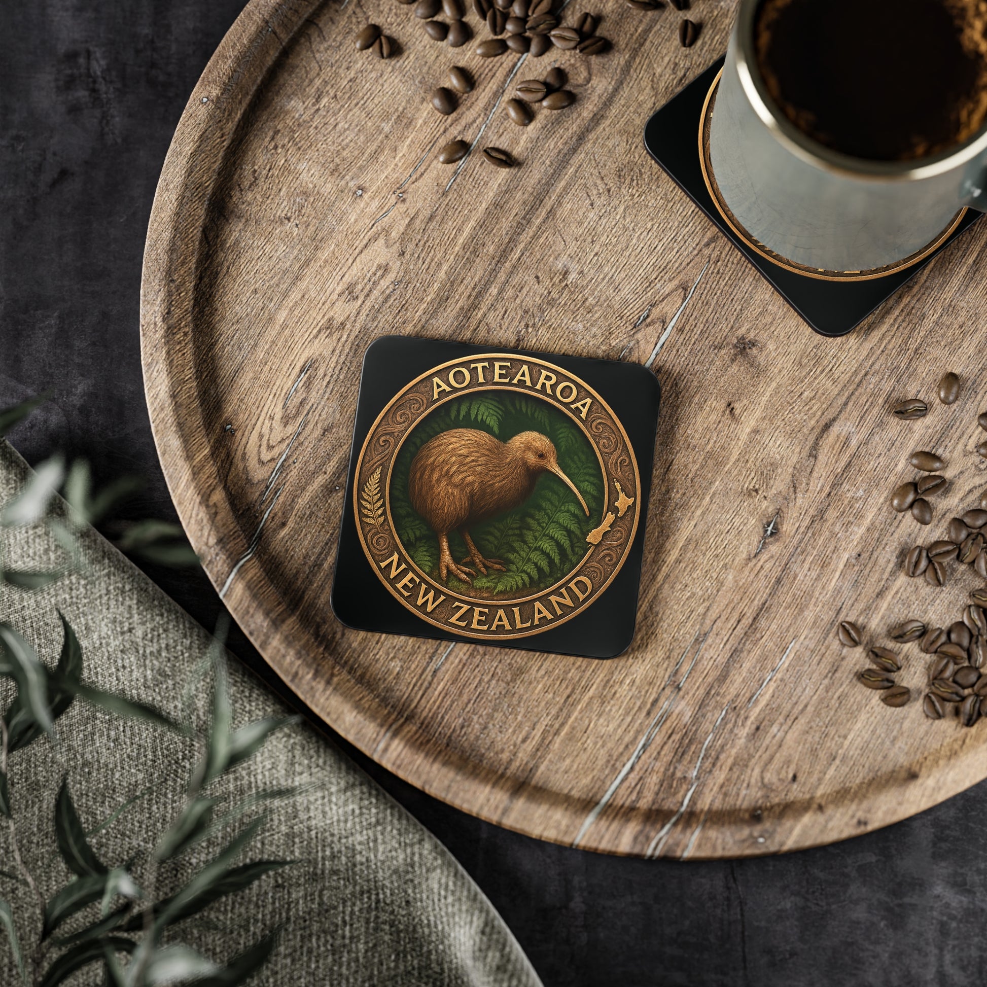 Coaster with kiwi bird design on a wooden tray with coffee and seeds.