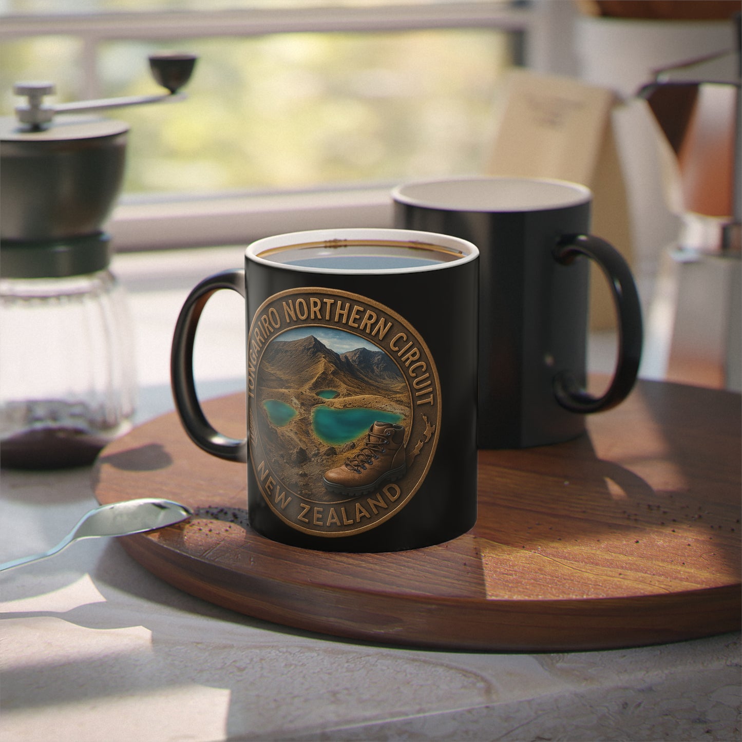 Black mug with a scenic design on a wooden tray in a kitchen setting