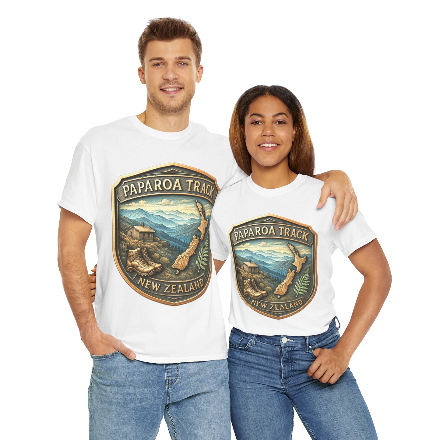 Two people wearing white t-shirts with Paparoa Track New Zealand design on a white background