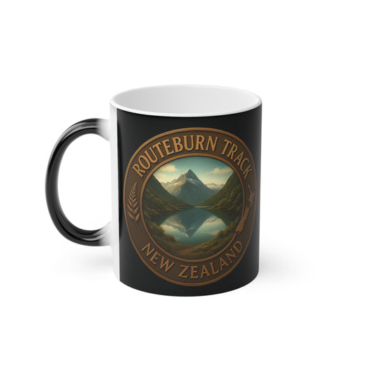 Coffee Black mug with 'Routeburn Track, New Zealand' design on a white background