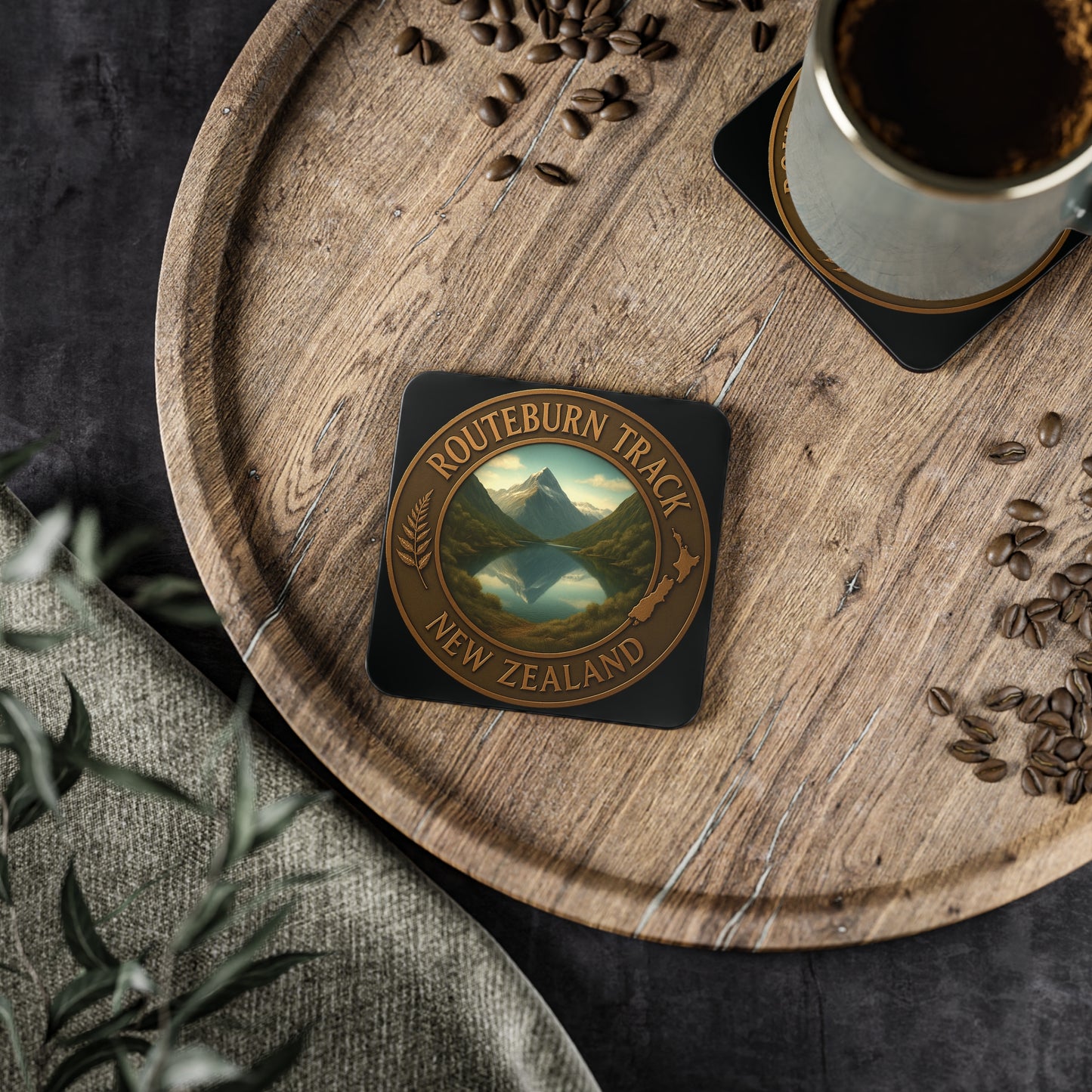 Coaster with Routeburn Track New Zealand design on a wooden tray with coffee and coffee beans.