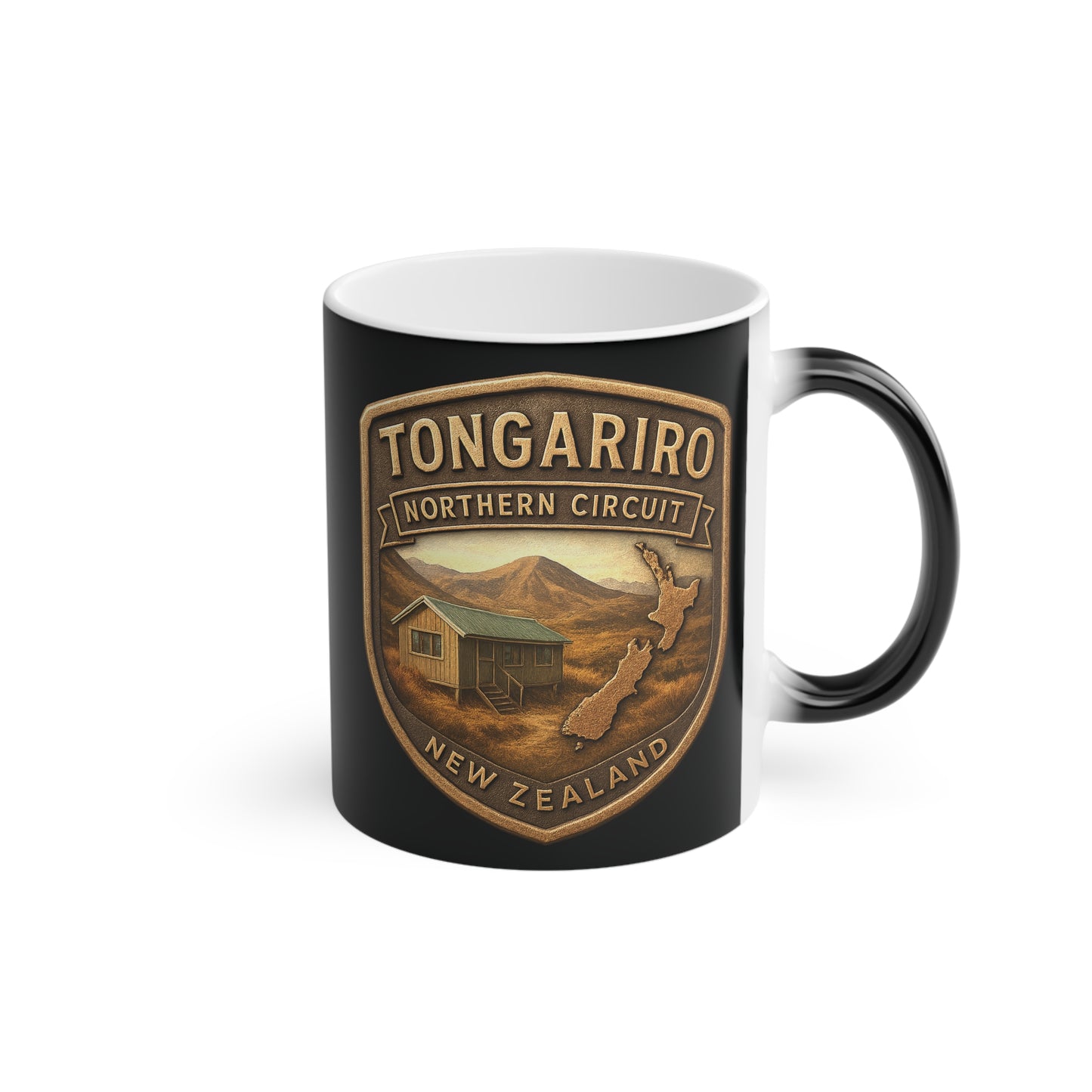 Black mug with Tongariro Northern Circuit New Zealand design on a white background