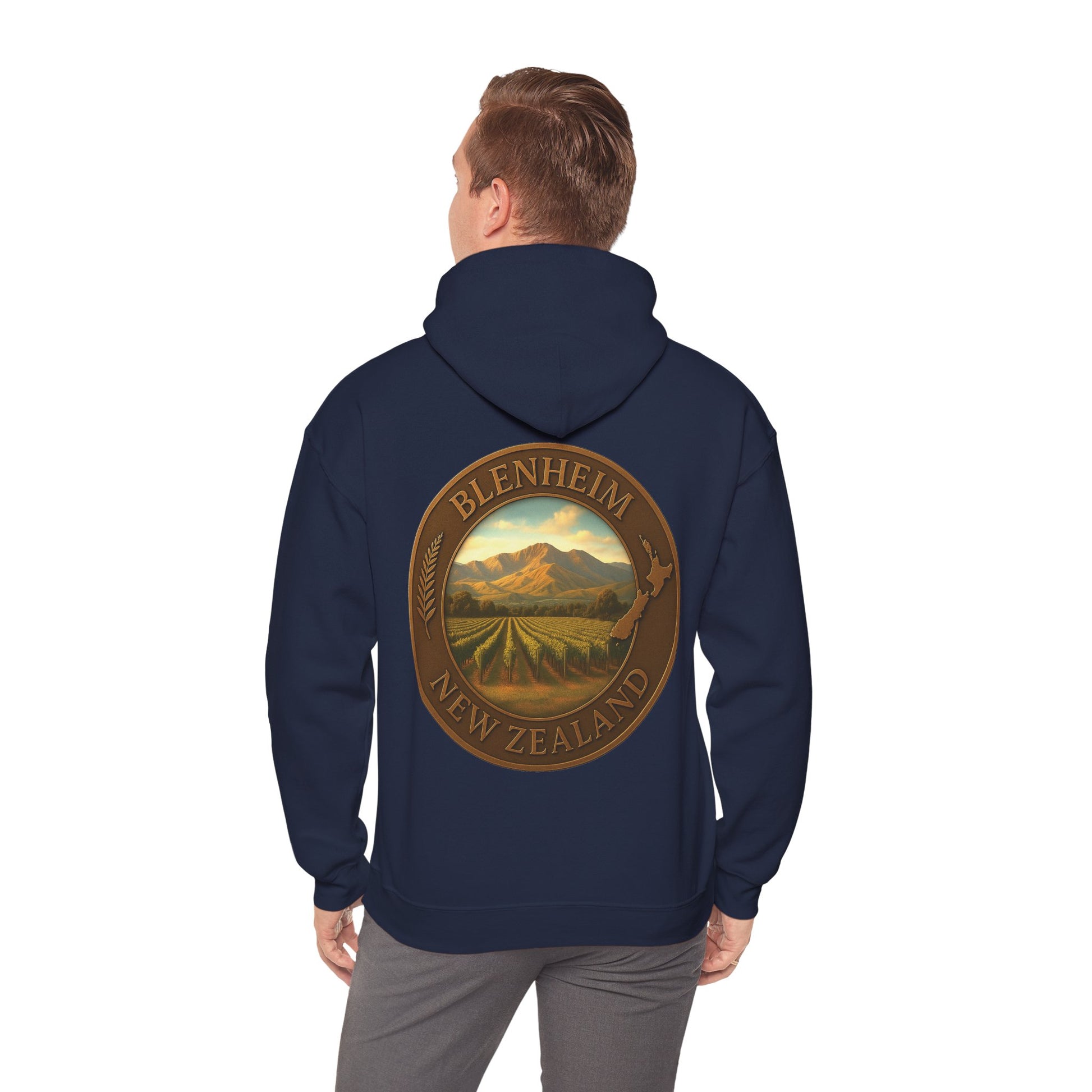Navy blue hoodie with 'Blenheim New Zealand' graphic on the back, worn by a person.