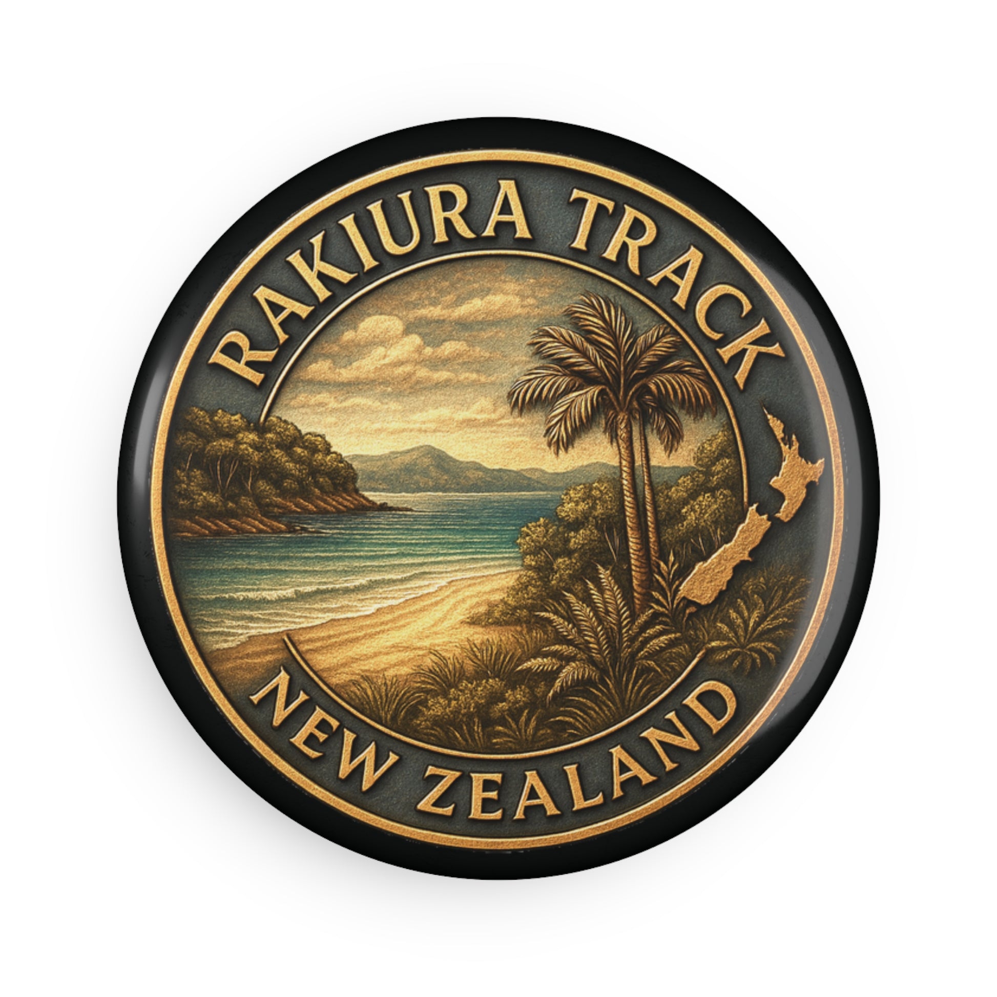 Round Fridge Magnet with Rakiura Track New Zealand design featuring a beach and palm trees.