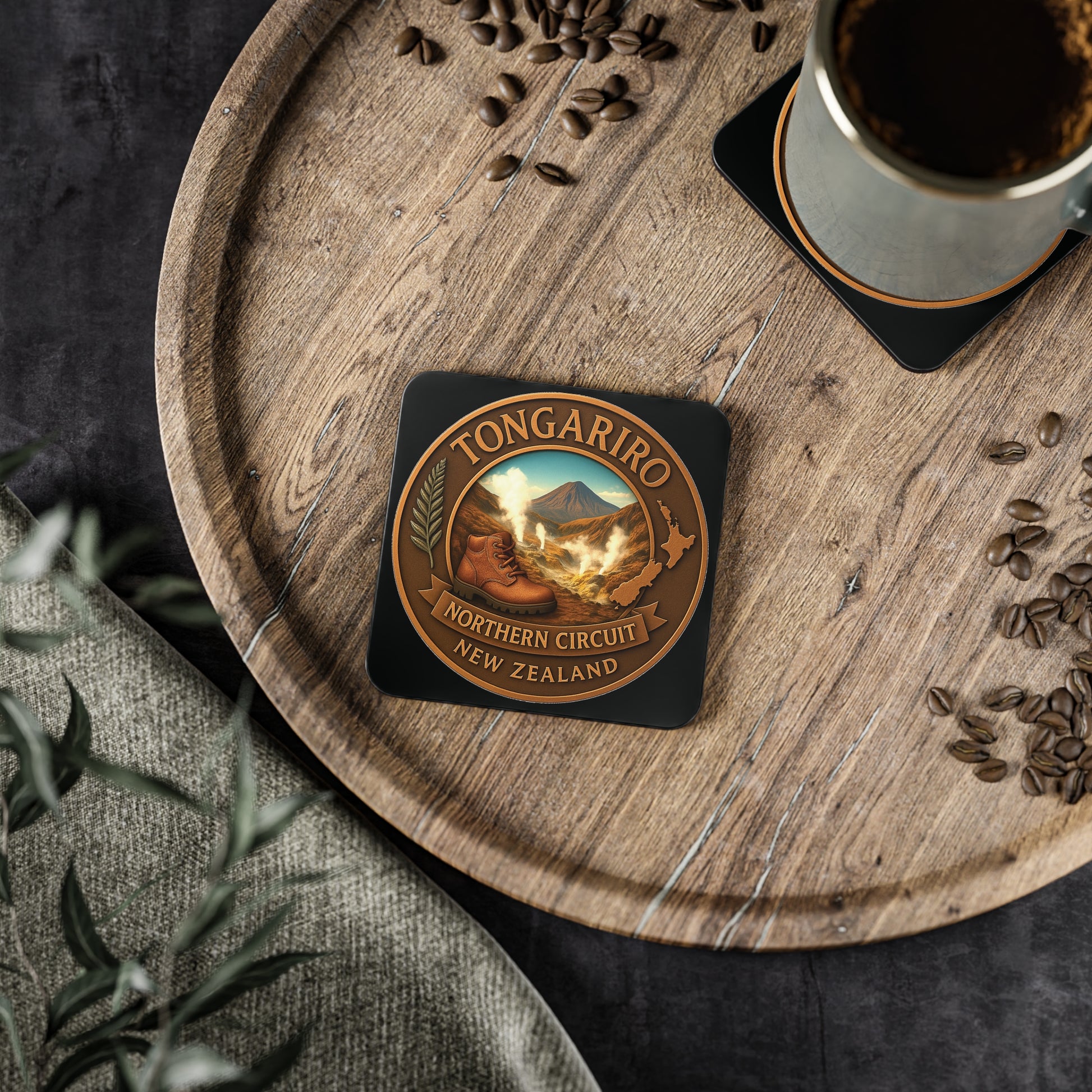 Coaster with Tongariro Northern Circuit design on a wooden tray with coffee and coffee beans.
