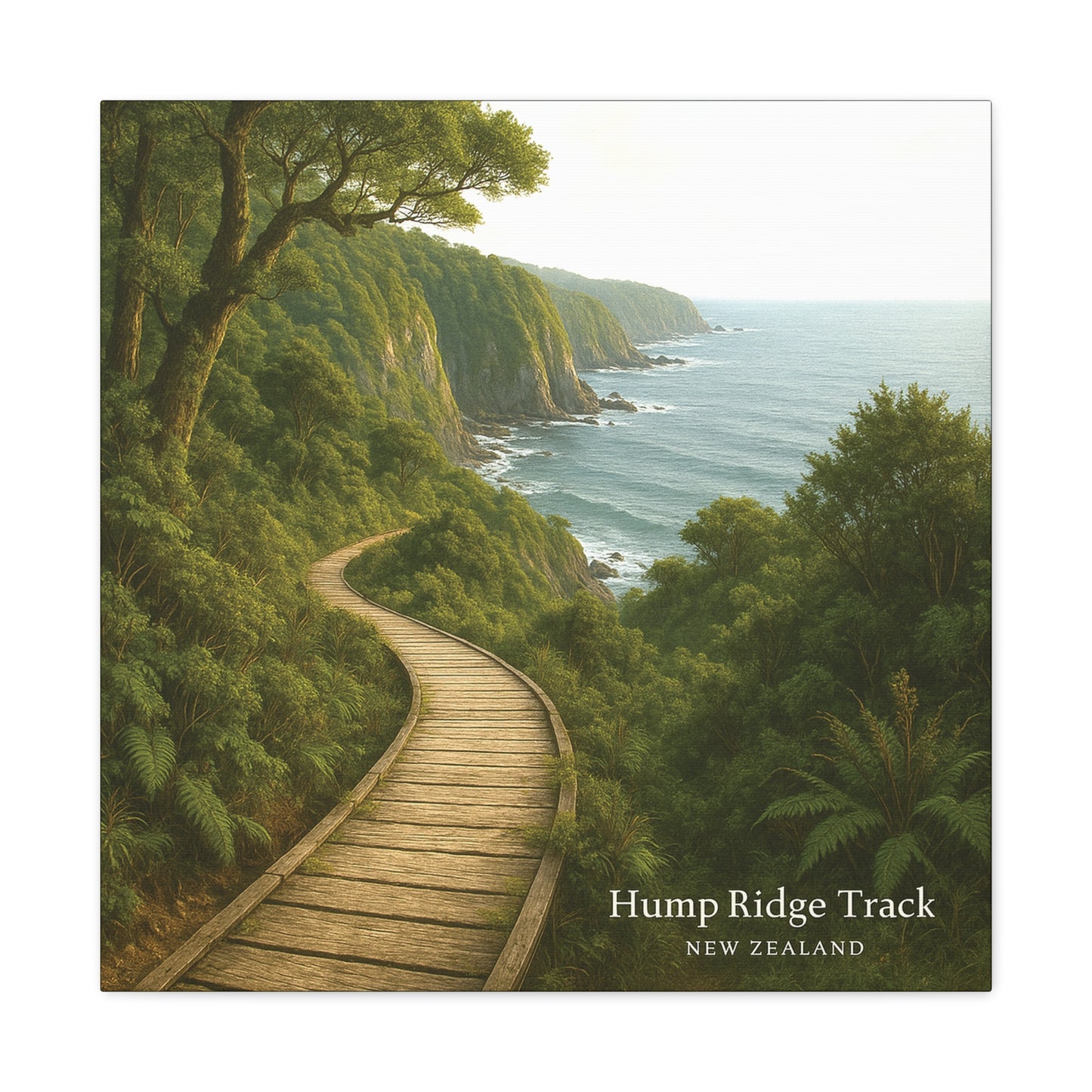 Wooden path winding through a lush green landscape with ocean views, labeled 'Hump Ridge Track, New Zealand'. Canvas
