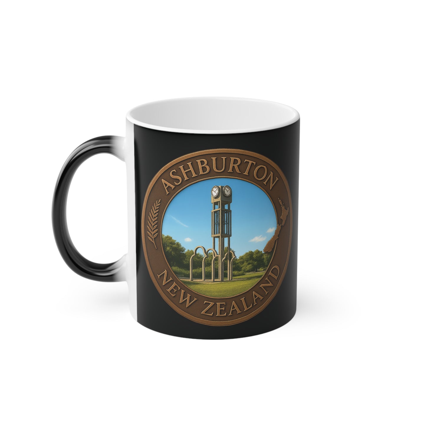 Black mug with Ashburton New Zealand design on a white background
