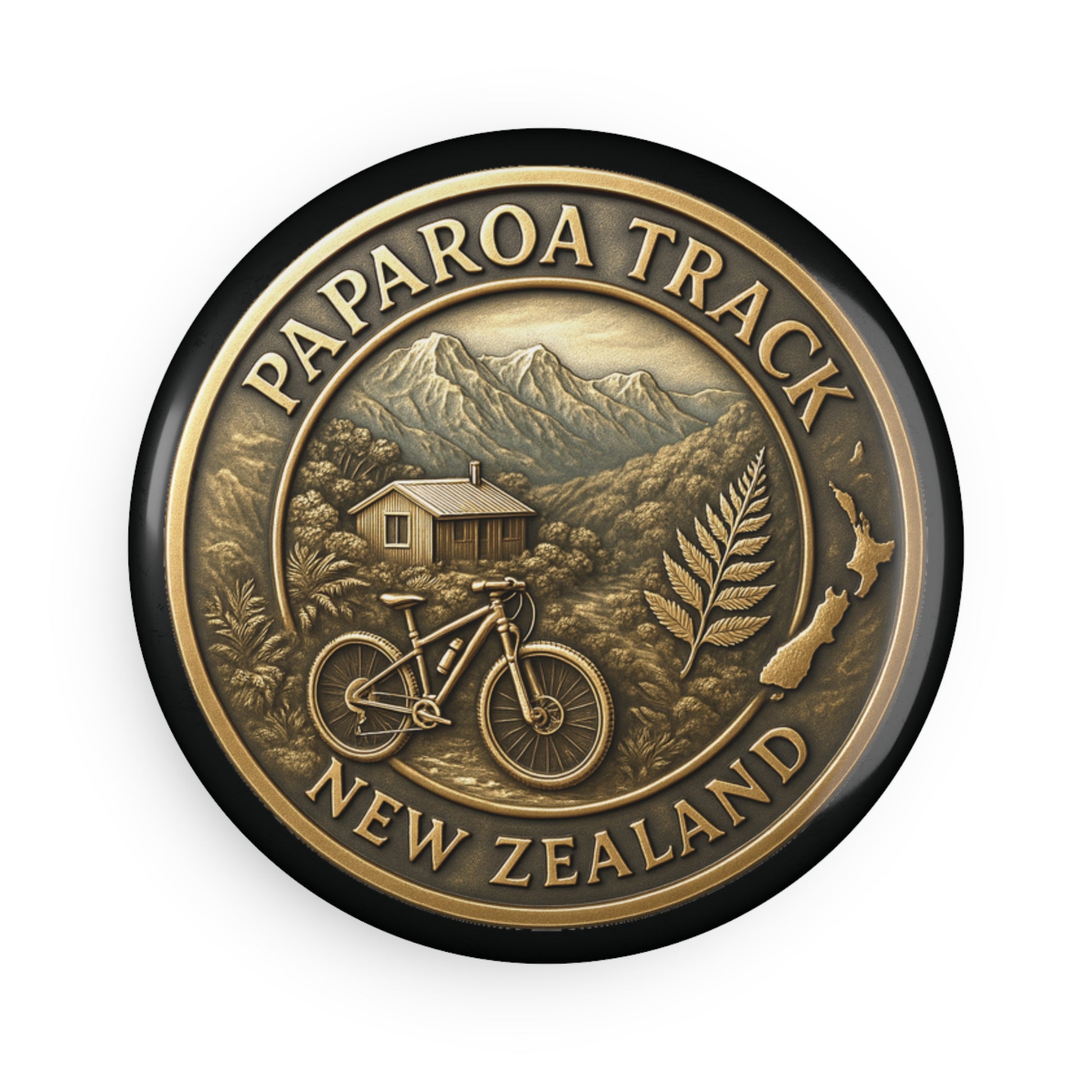 Bronze-colored Fridge Magnet with 'Paparoa Track, New Zealand' text, mountain, cabin, and bike illustration.