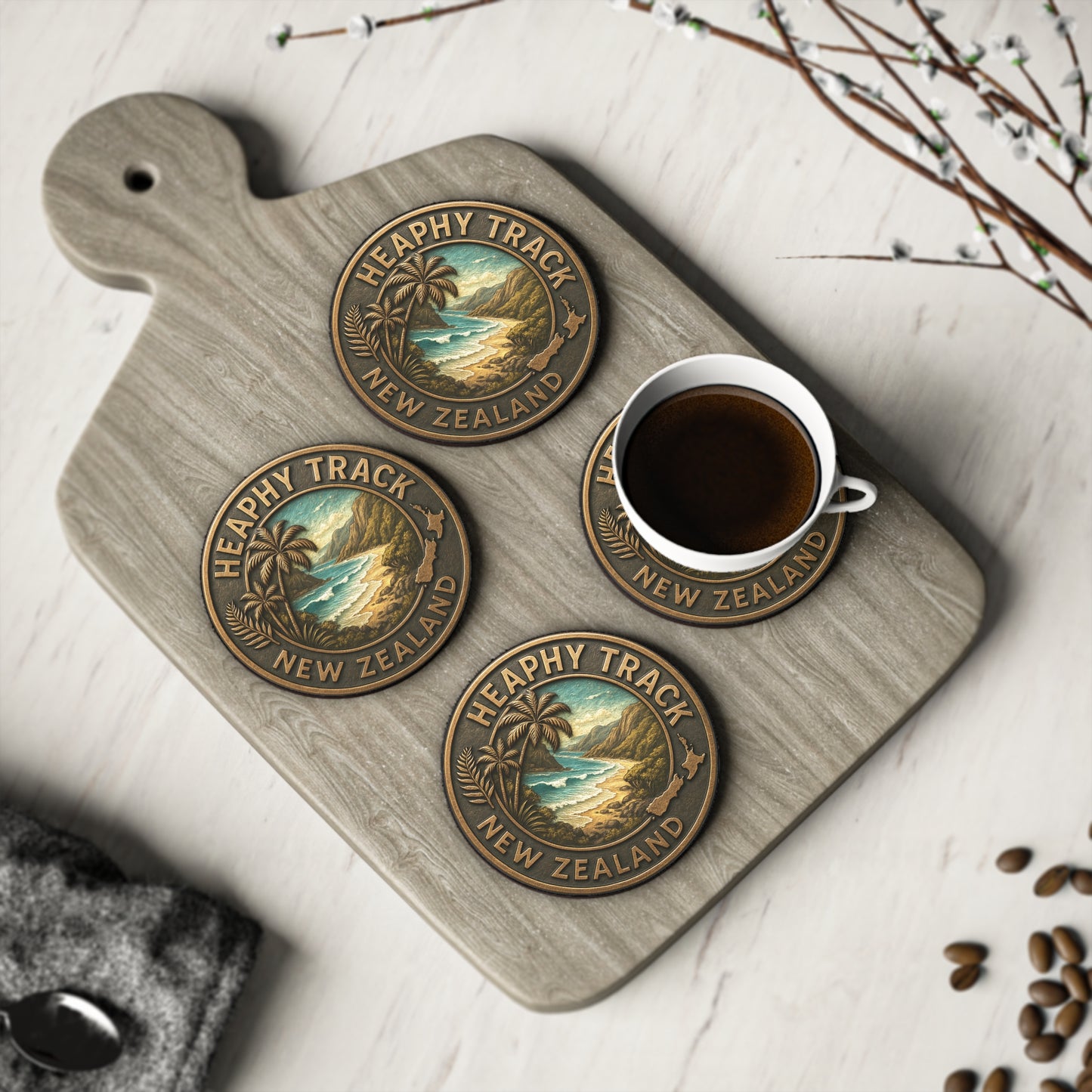 Coasters with 'Heaphy Track New Zealand' design on a wooden board with a cup of coffee.