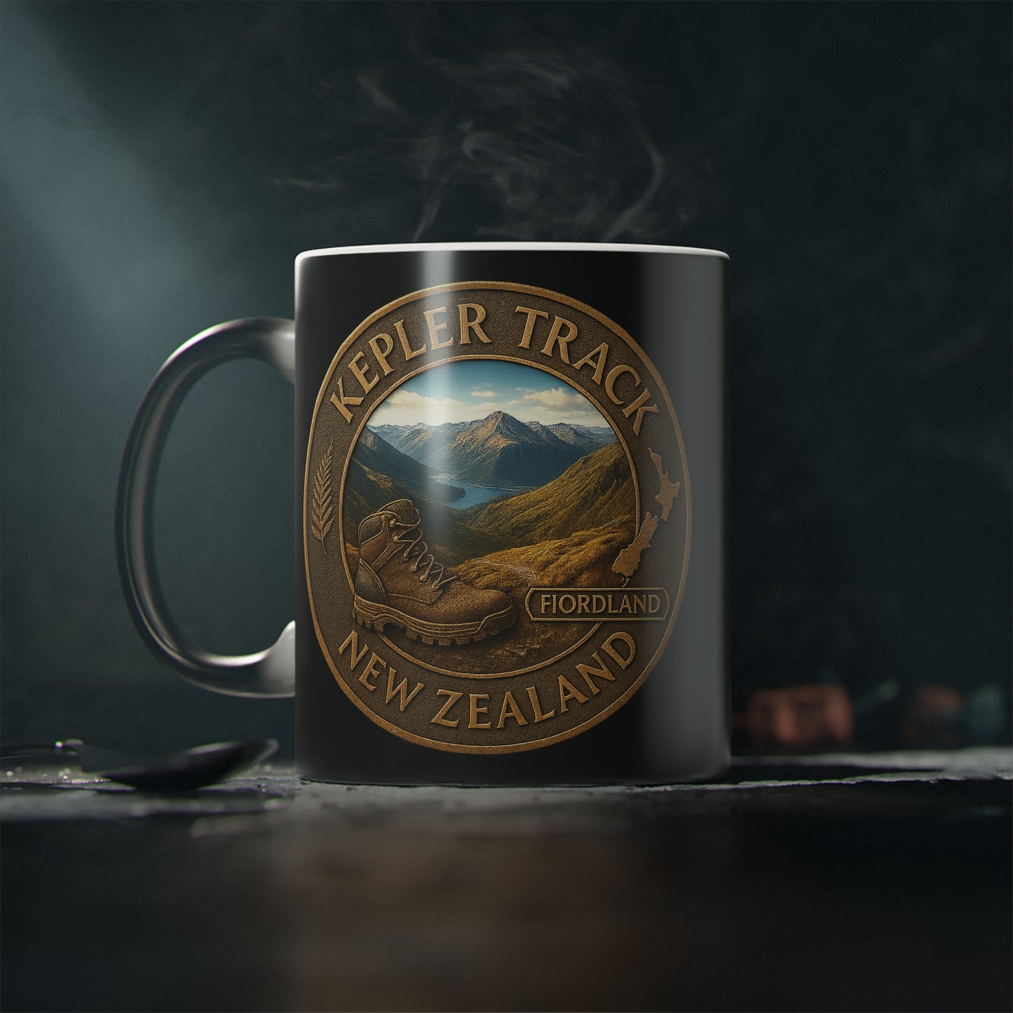 Mug with 'Kepler Track, New Zealand' design on a dark background