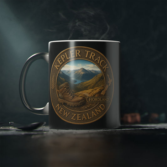 Mug with 'Kepler Track, New Zealand' design on a dark background