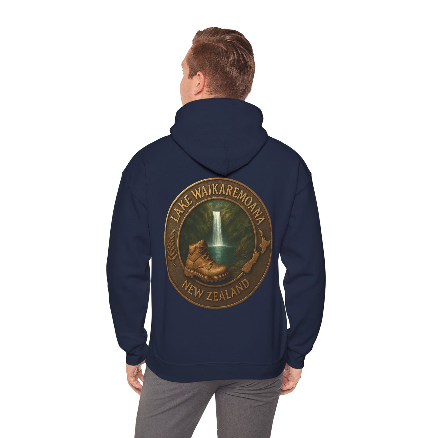 Navy blue hoodie with a design of Lake Waikaremoana Track, New Zealand on the back