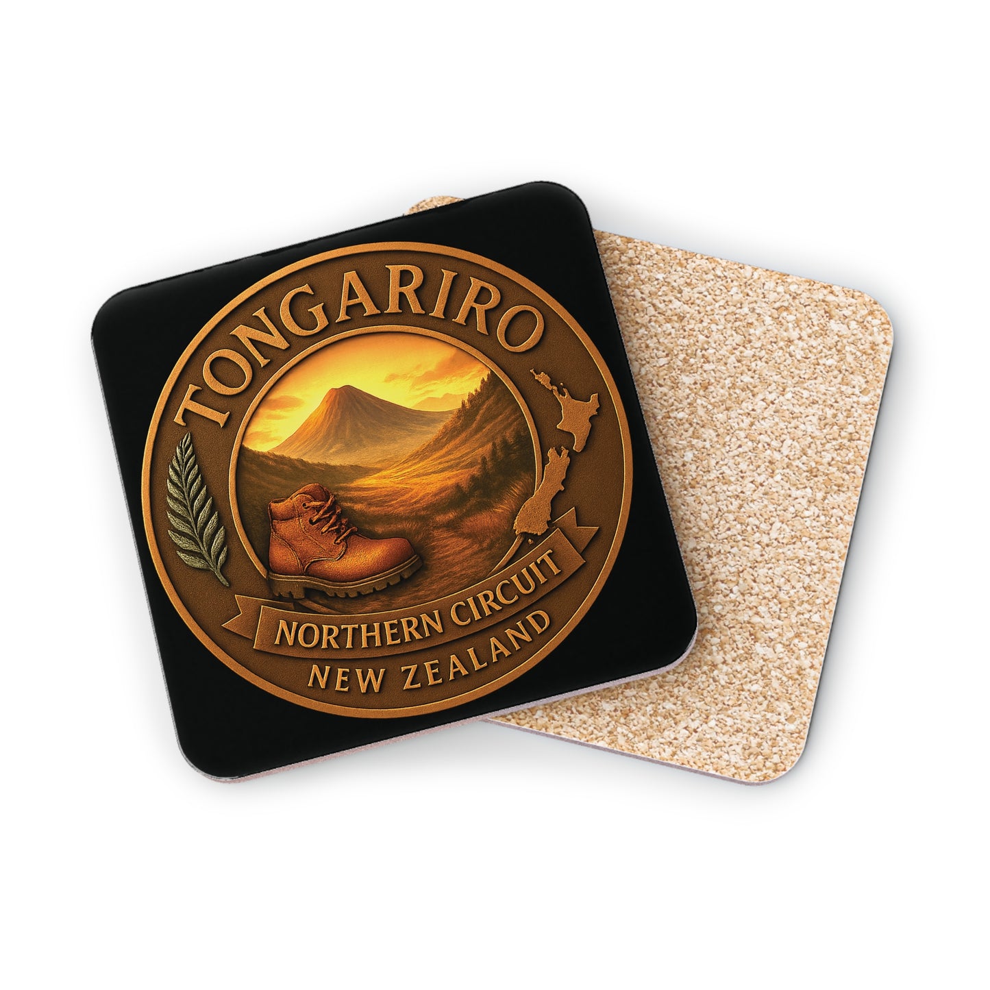 Coaster with Tongariro New Zealand design on a white background