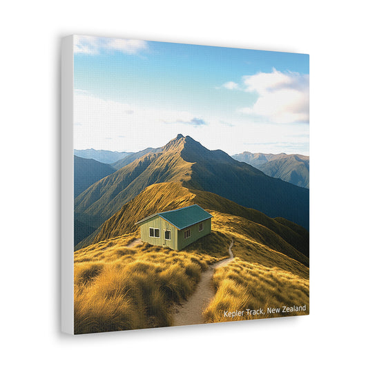 Canvas print of a mountain landscape with a small cabin, featuring the text 'Kepler Track, New Zealand'.