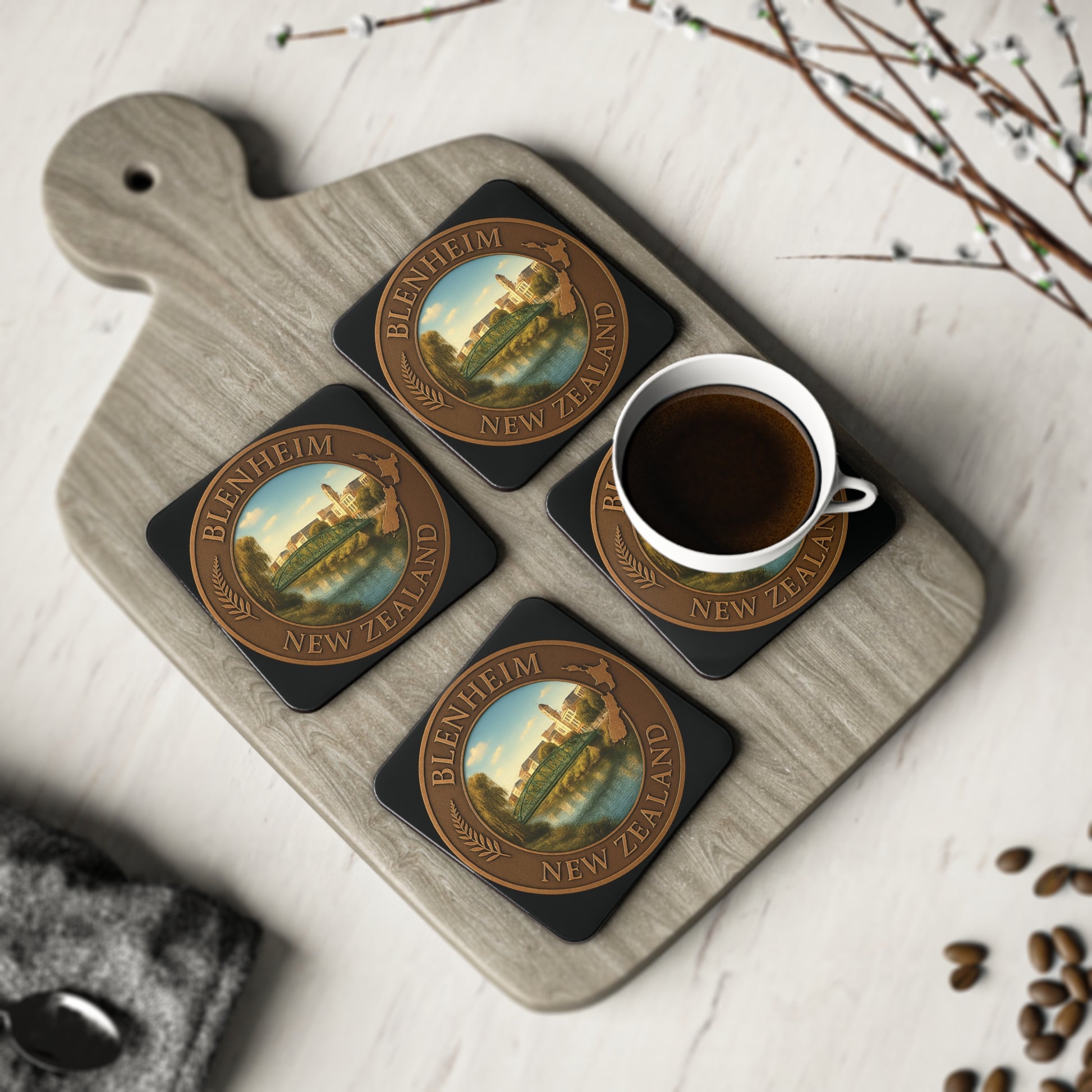 Set of four Benenheim New Zealand coasters with a cup of coffee on a wooden board.