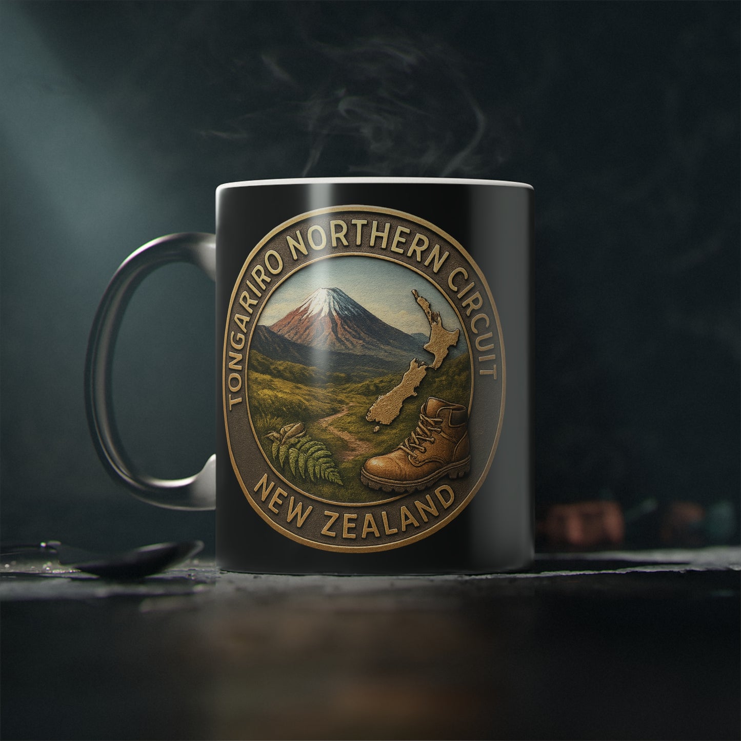 coffee cup mug with Tongariro Northern Circuit New Zealand design on a dark background