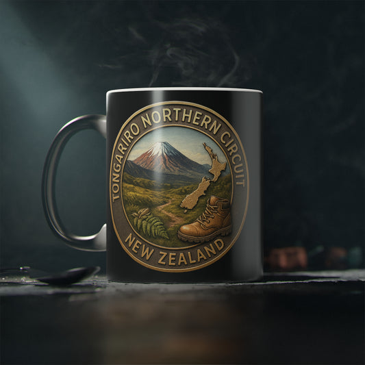 coffee cup mug with Tongariro Northern Circuit New Zealand design on a dark background