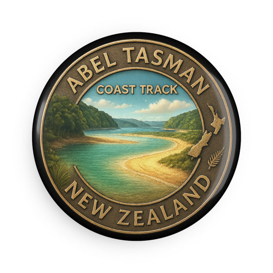 Round Fridge Magnet with Abel Tasman Coast Track New Zealand design featuring a scenic landscape.
