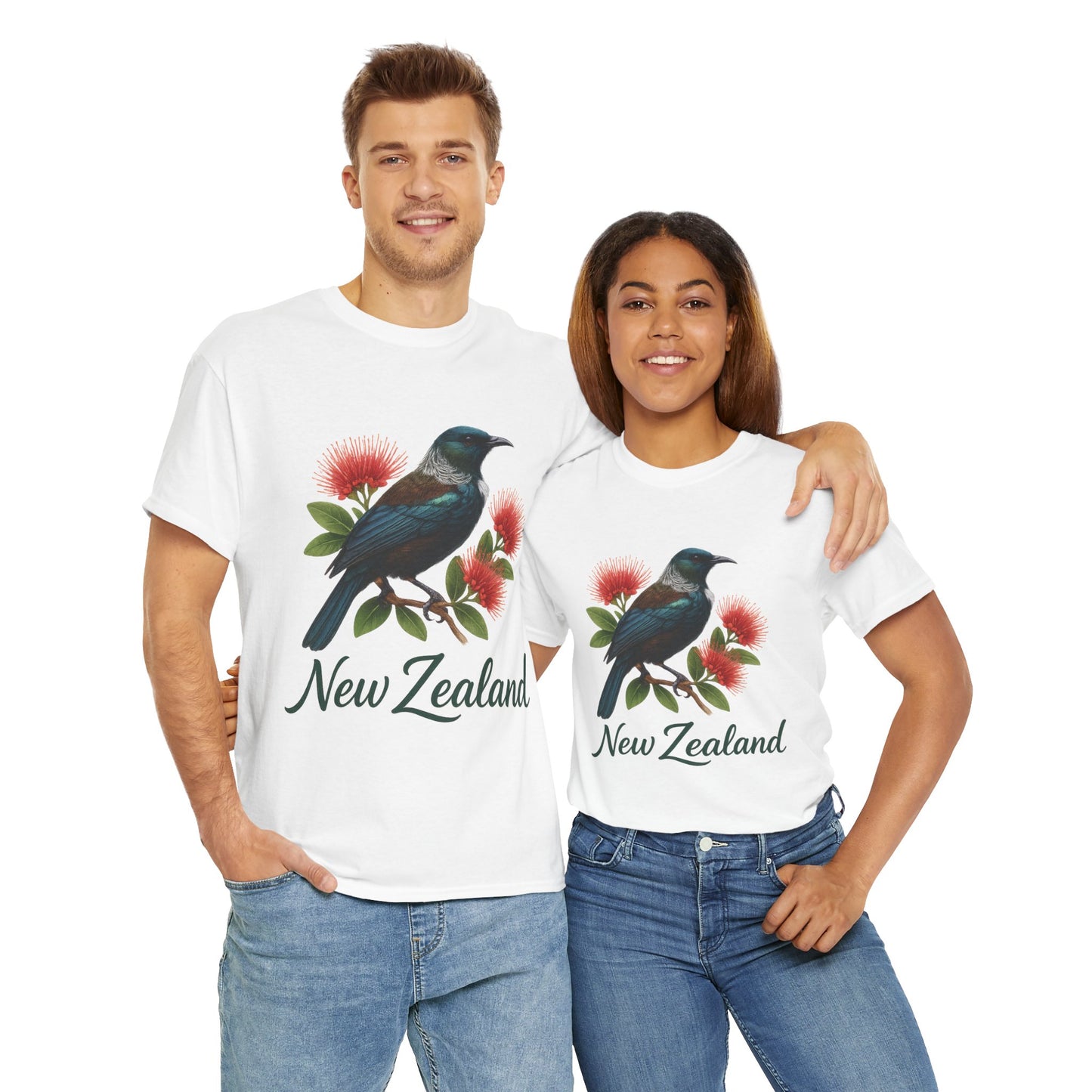 Two people wearing white t-shirts with a bird and flower design and 'New Zealand' text on a white background.
