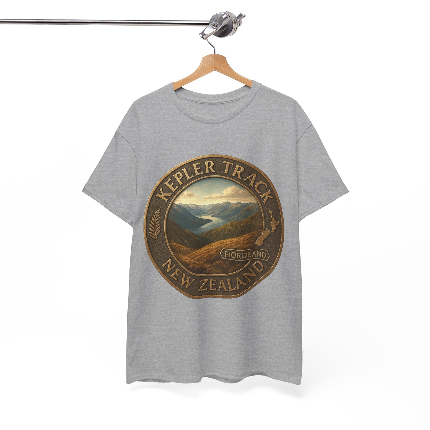 Gray t-shirt with 'Kepler Track New Zealand' graphic on a hanger against a white background