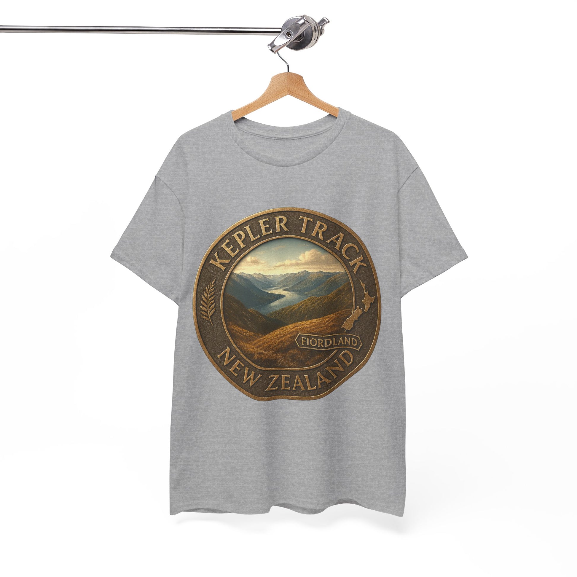 Gray t-shirt with 'Kepler Track New Zealand' graphic on a hanger against a white background