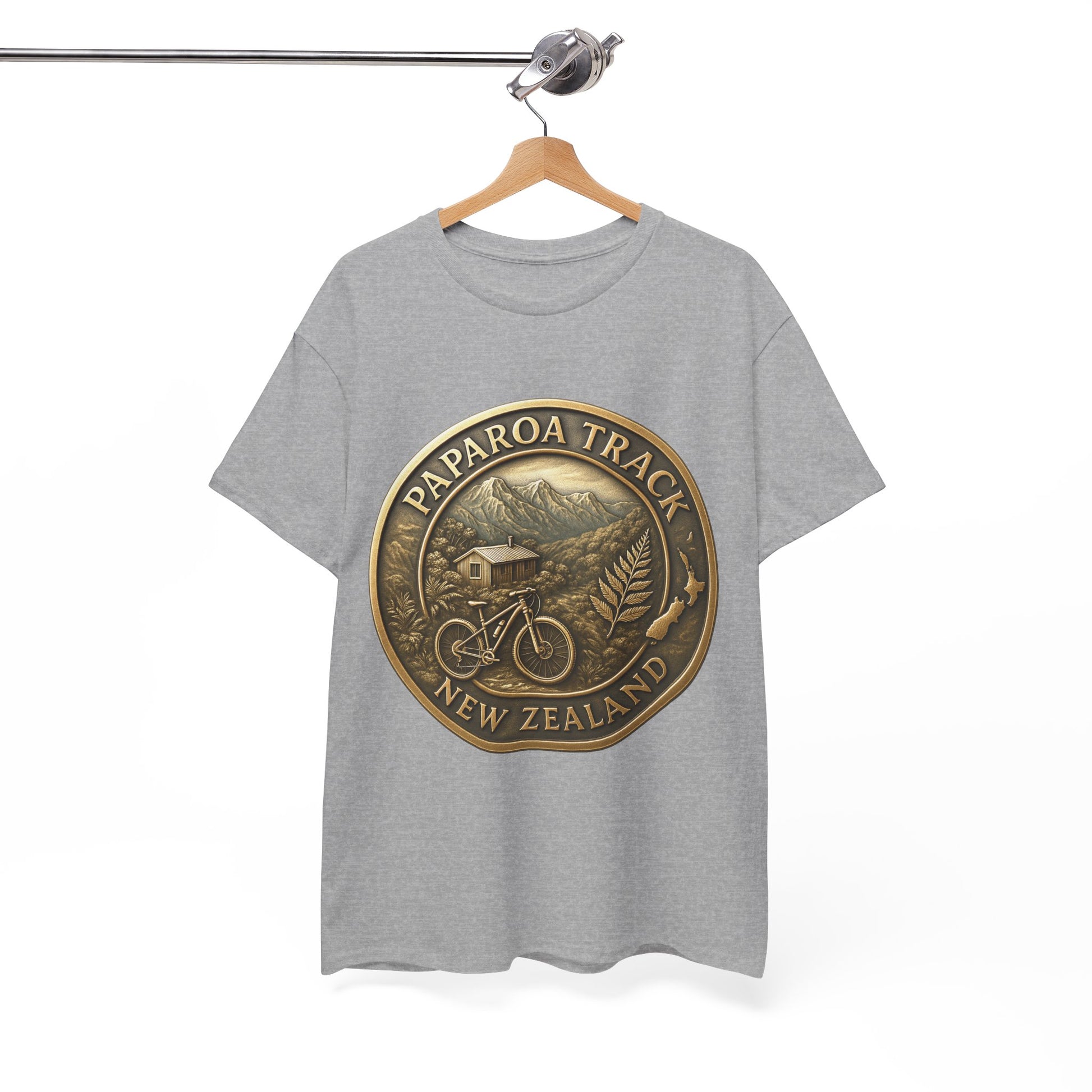Gray t-shirt with Paparoa Track New Zealand design on a hanger
