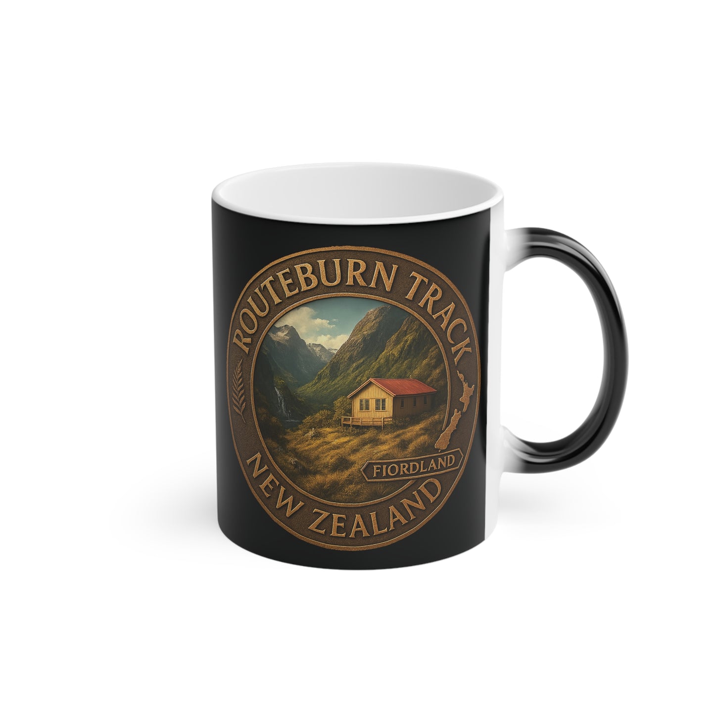 Black mug with a scenic design of a cabin and mountains, featuring 'Routeburn Track, New Zealand' text.