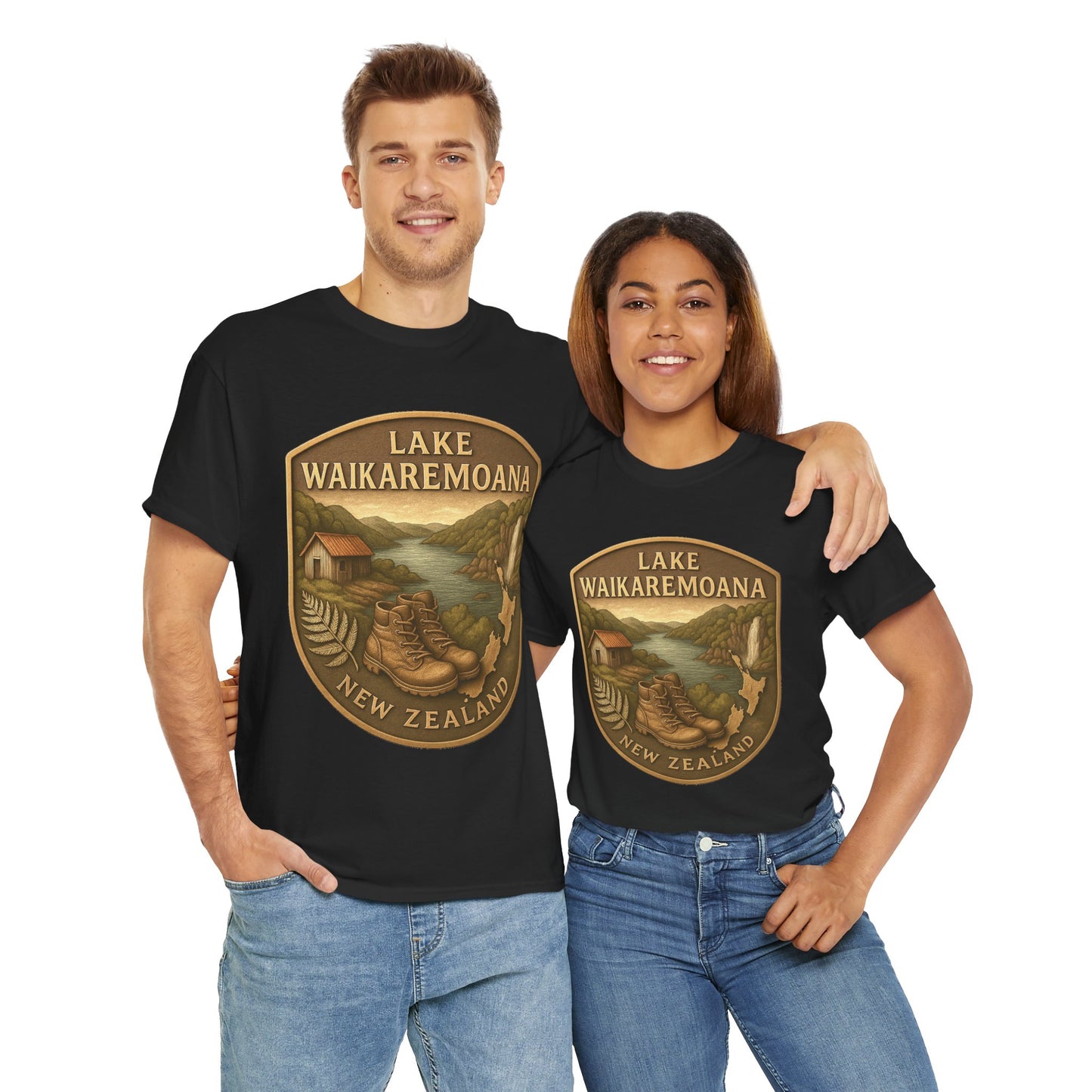 Two people wearing black t-shirts with Lake Waikaremoana design on a white background