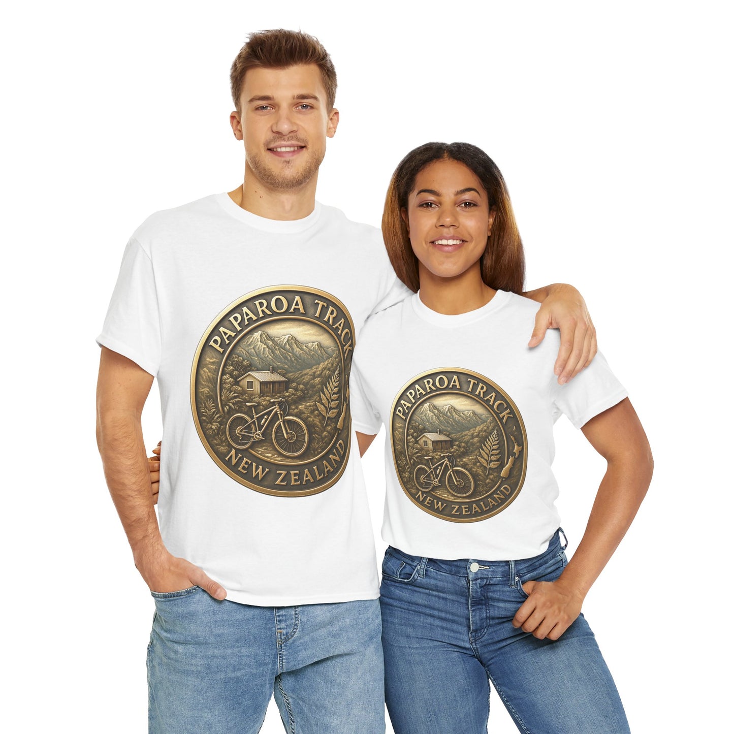Two people wearing white t-shirts with Paparoa Track New Zealand design.