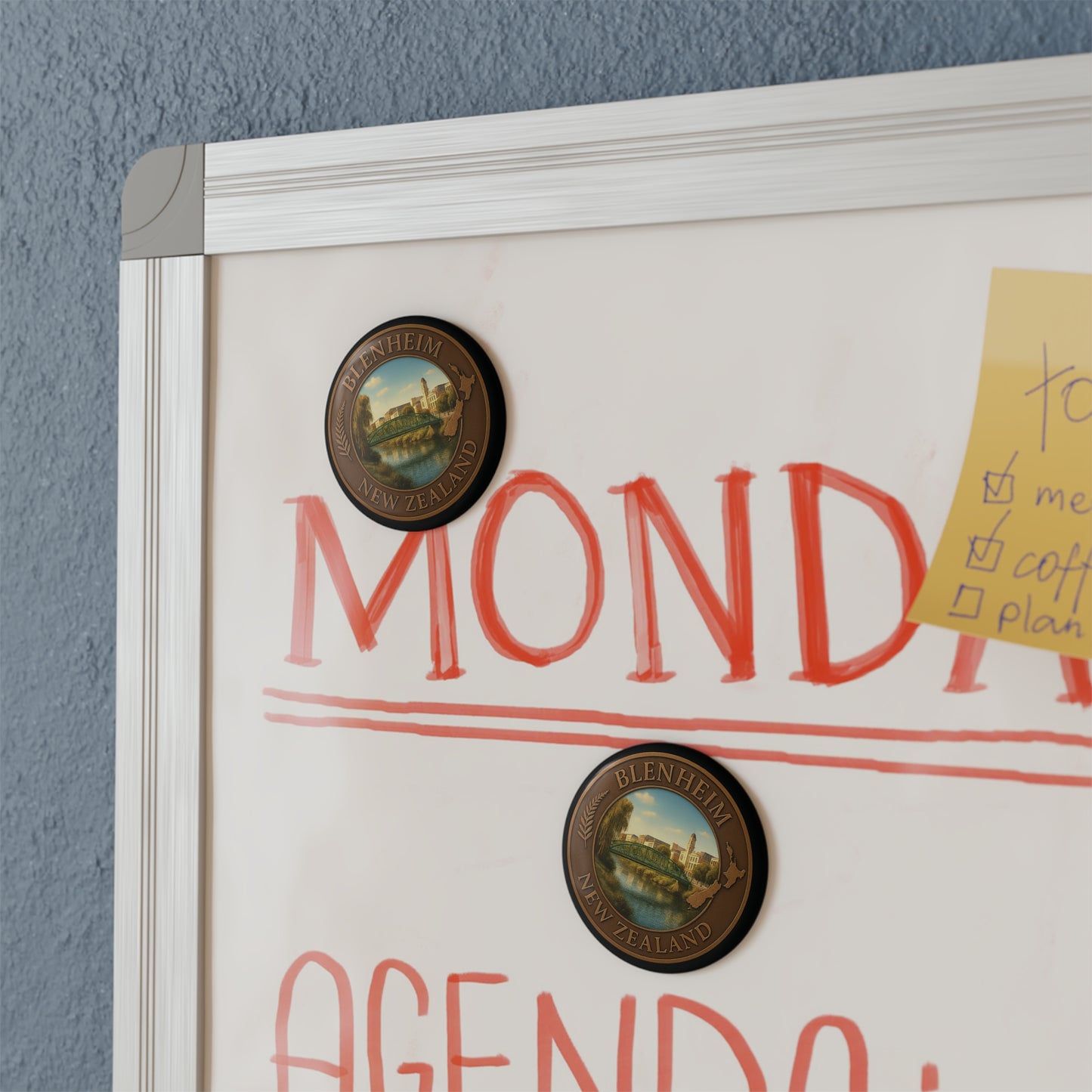 Whiteboard with 'Monday Agenda' and decorative magnets on a blue wall